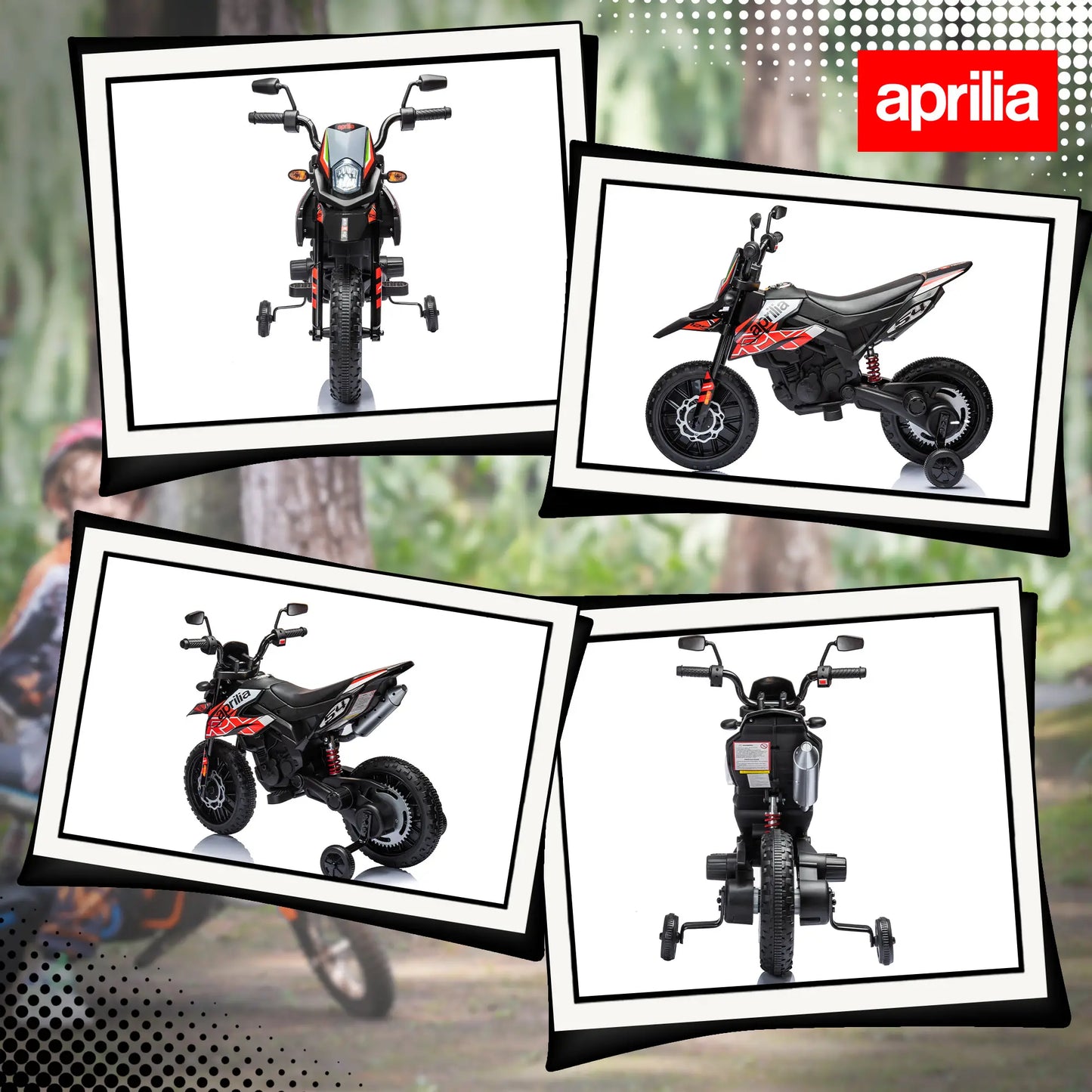 12V Aprilia Licensed Kids Motorbike with Training Wheels, Spring Suspension, LED Headlight, USB, Music, Red/Black