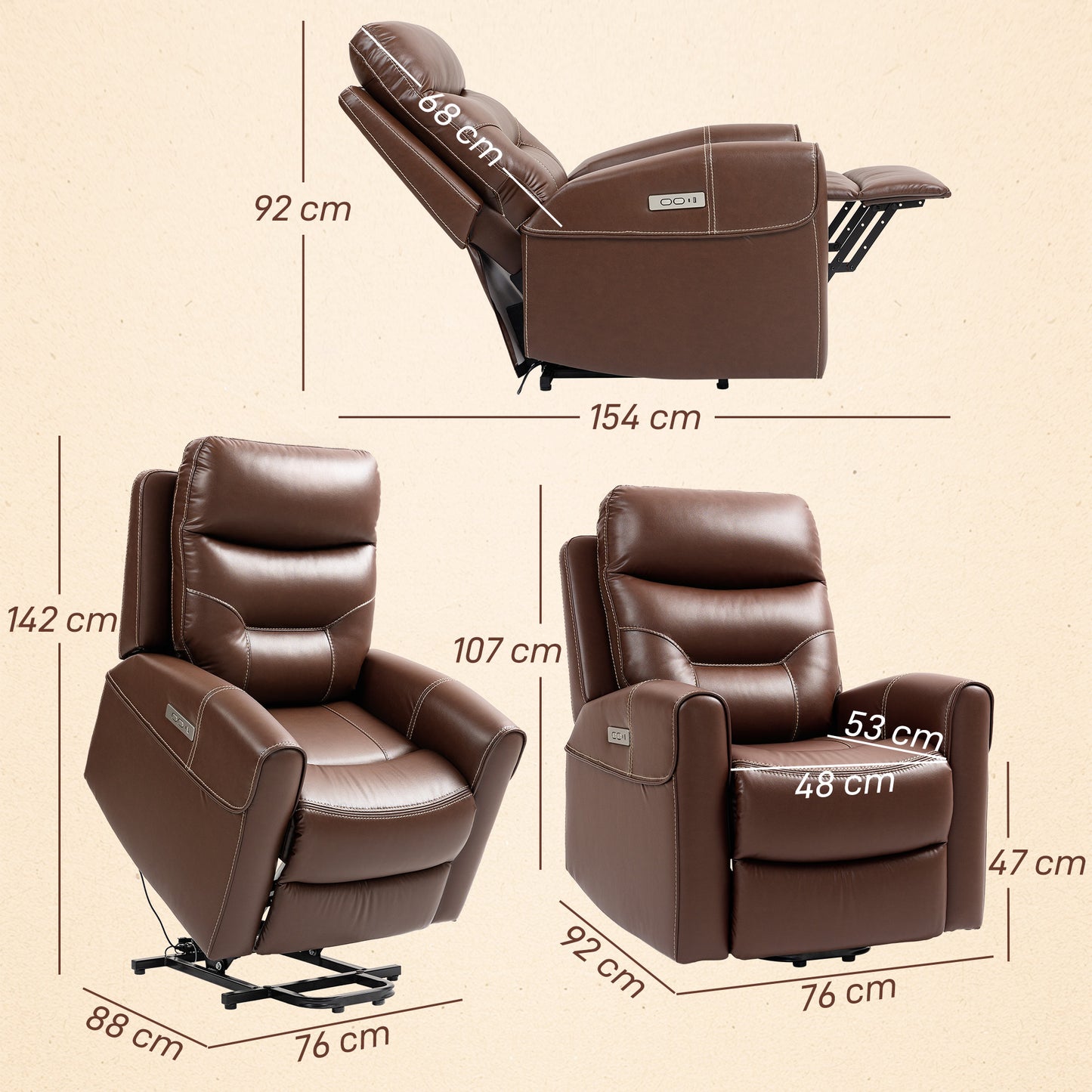 HOMCOM Power Lift Recliner Chair for Elderly, Overstuffed Faux Leather Riser and Reclining Chair with USB A+C Ports, Recliner Armchair for Living Room, Brown