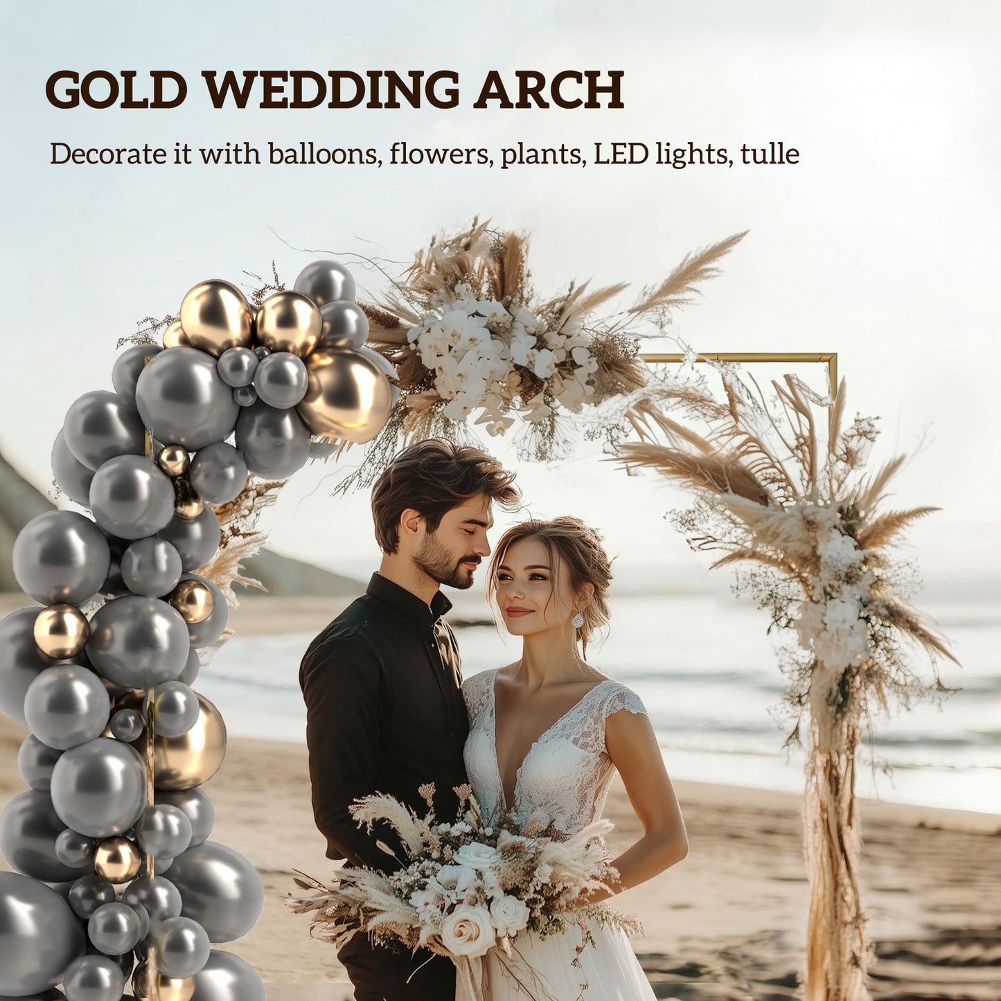 Outsunny Wedding Arch Backdrop Stand, Square Metal Arch Frame with U-shaped Stakes, Gold Wedding Arch, 6.6 FT