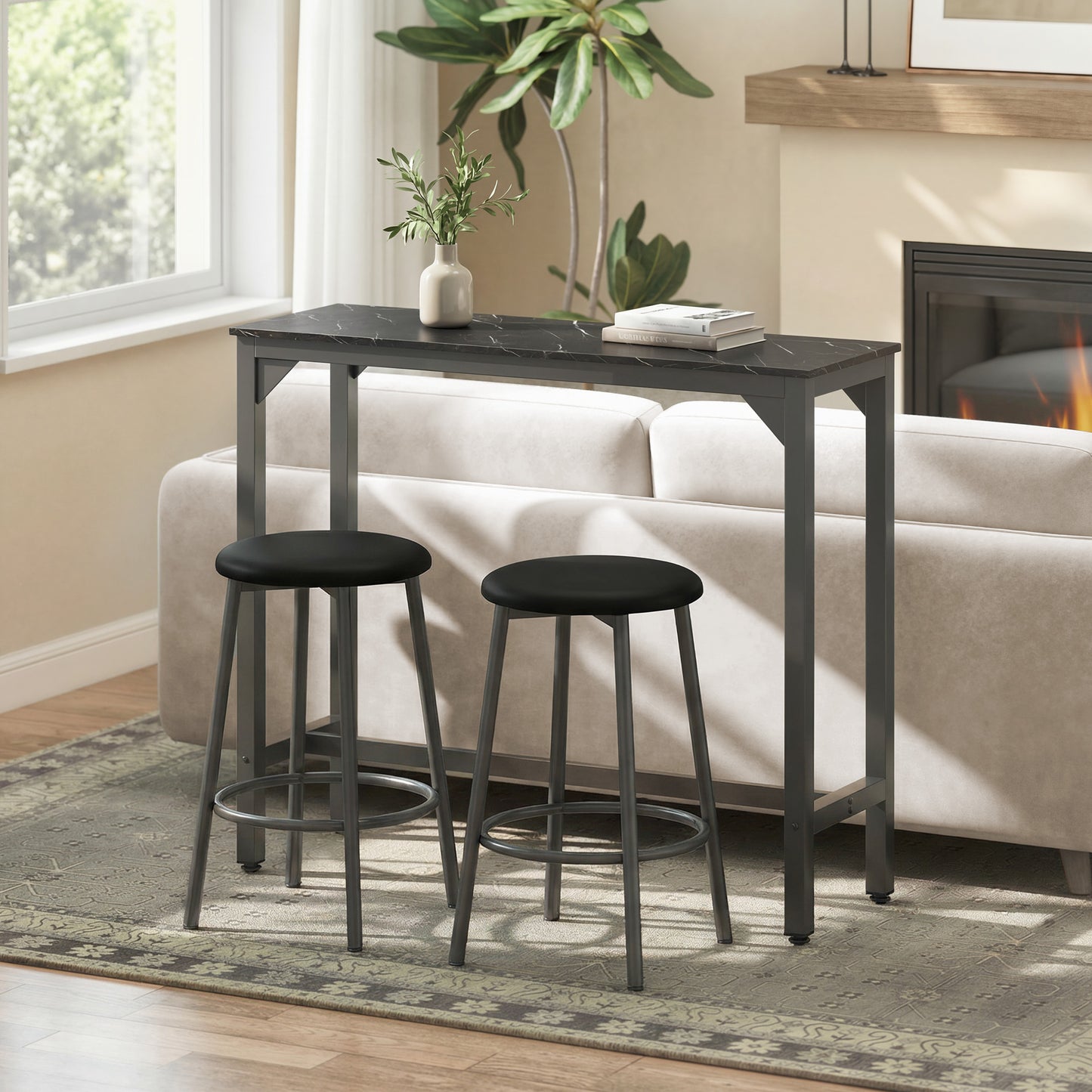 HOMCOM Rectangular Bar Table, Marble Effect Pub Coffee Table for Small Space, Breakfast Dining, Black Marble Effect