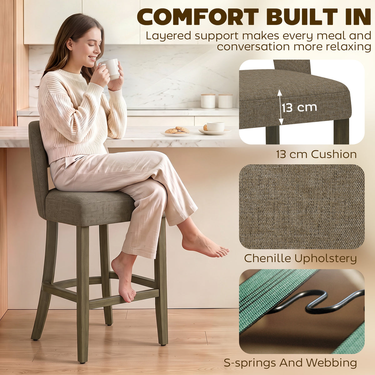 HOMCOM Bar Stools Set of 2, Counter Height Bar Stools with Curved Backrest, for Kitchen Island, Dining Room, Living Room, Brown