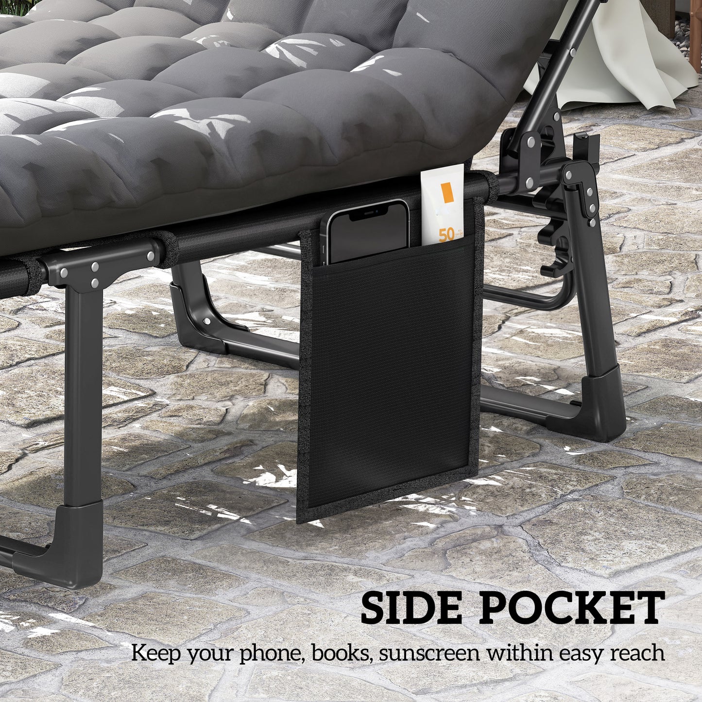 Outsunny Folding Sun Lounger for Garden, 5-Position Oversized Camping Bed Recliner with Cushions, Dark Grey