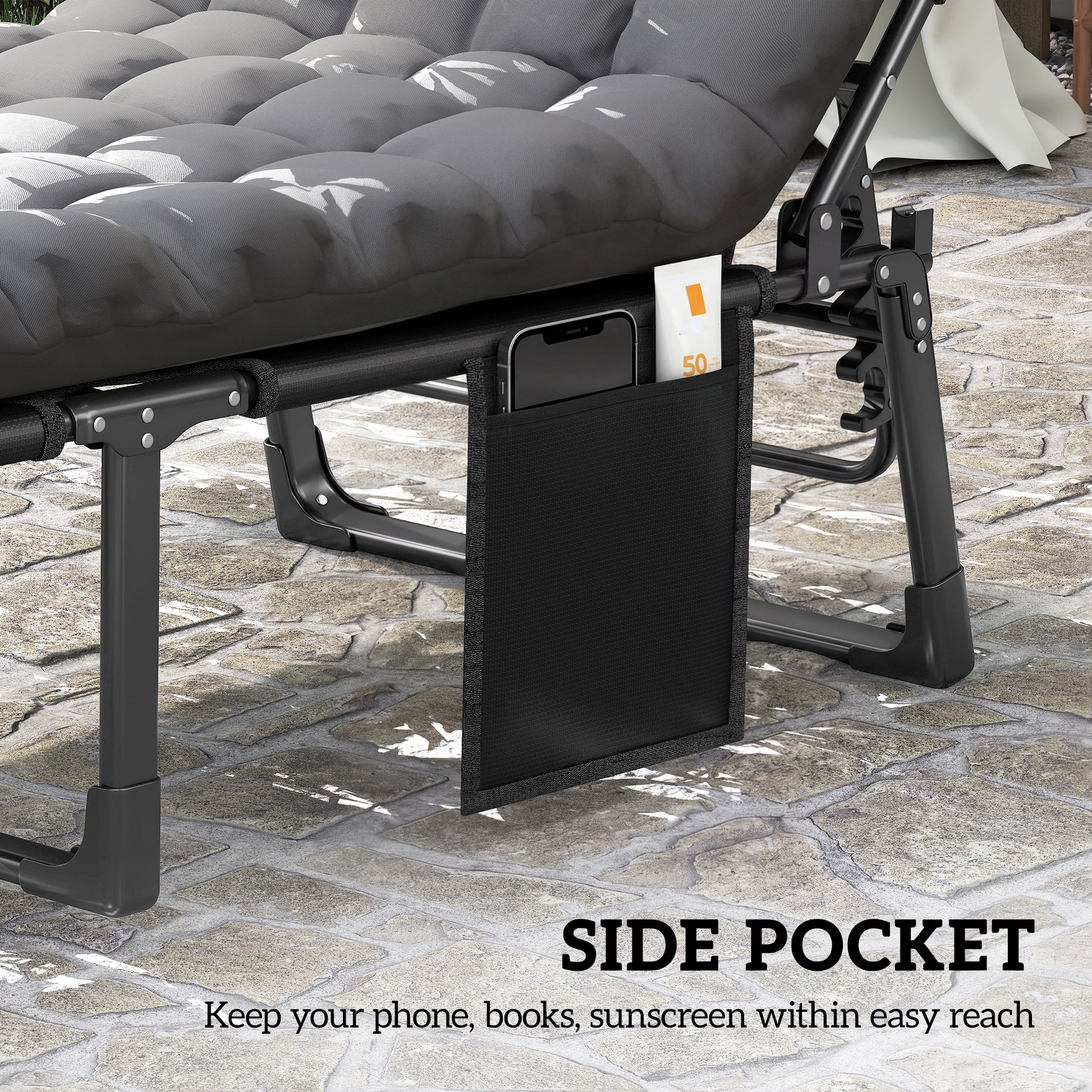 Outsunny Folding Sun Lounger for Garden, 5-Position Oversized Camping Bed Recliner with Cushions, Dark Grey