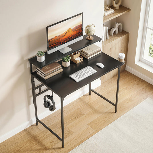 HOMCOM Computer Desk, 80cm Home Office Study Table with Hutch Shelf, Cup Holder, Headphone Hook, Black