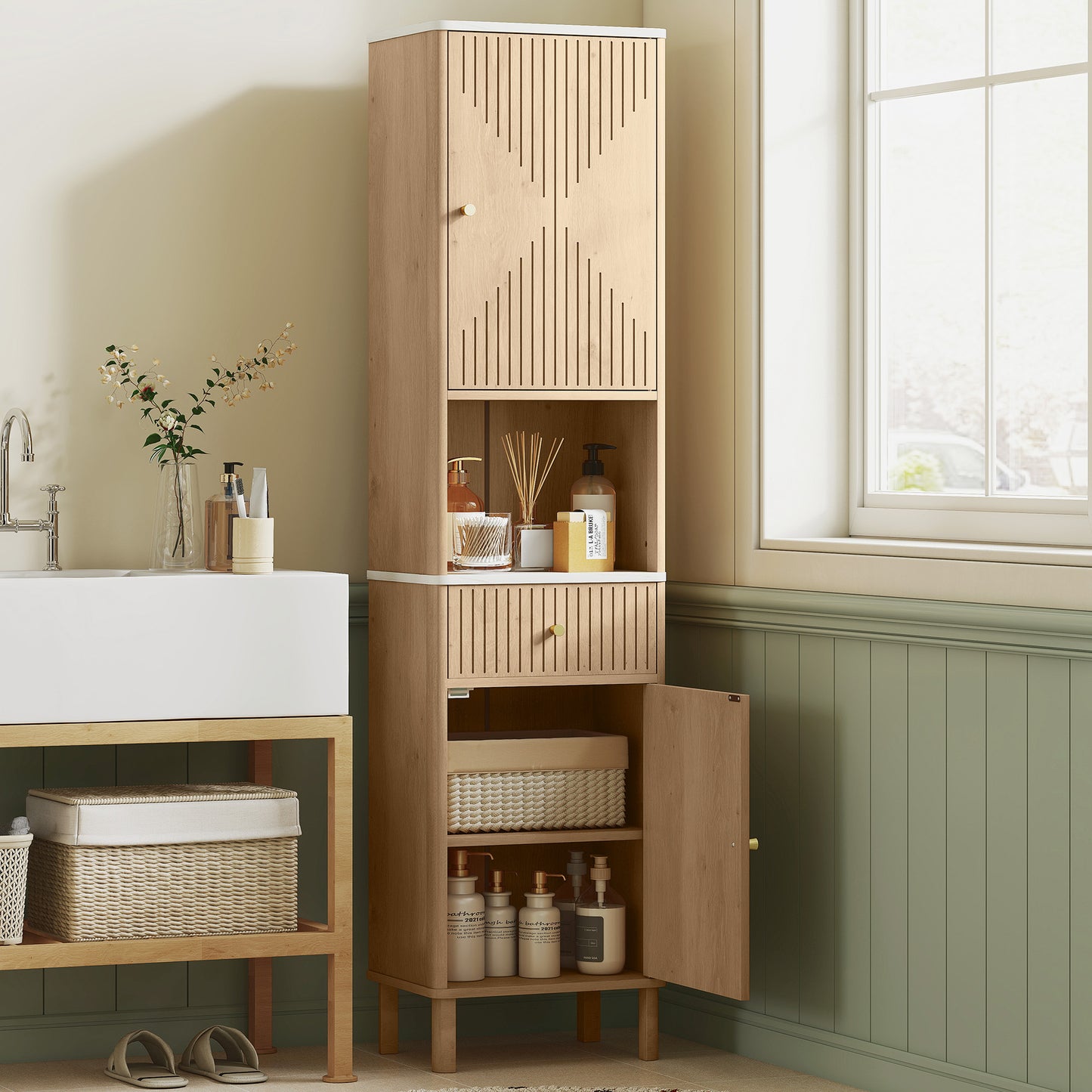 HOMCOM Multi-Storage Slimline Bathroom Cabinet - Wood-Effect