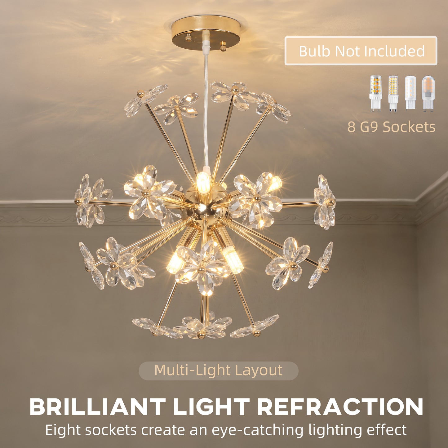 HOMCOM Crystal Chandeliers Ceiling Light with Flower, Modern Pendant Light with Adjustable Height, Ceiling Plate, Clear