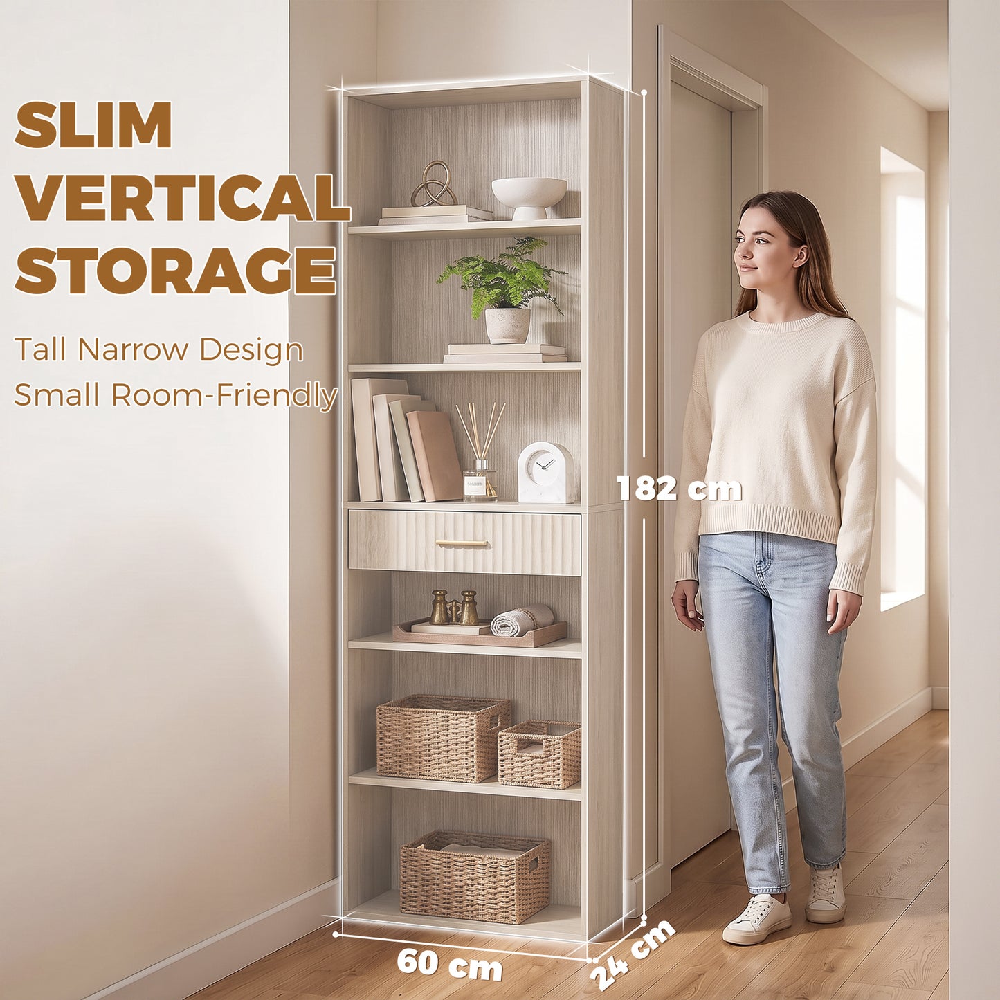 HOMCOM Bookcase Narrow Tall Space-Saving Bookshelf Drawer Open Shelves 60 x 24 x 182 cm Oak Wood Effect