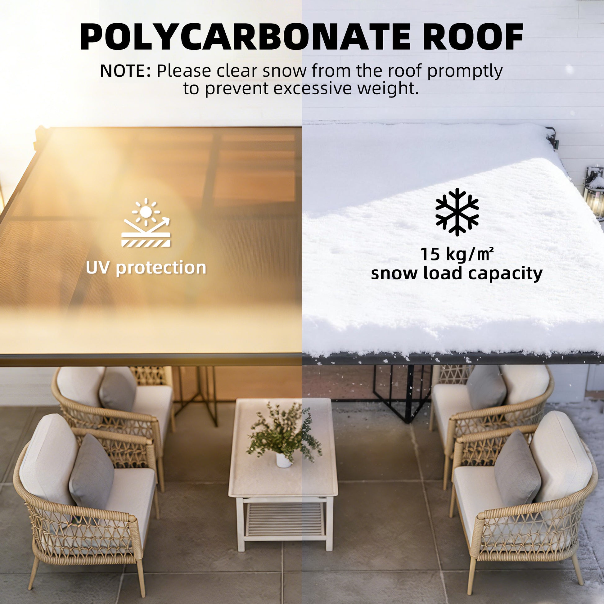 Outsunny 3.6 x 3 m Lean to Garden Pergola with PC Roof, Aluminium Frame Hardtop Gazebo Pergola with Drainage Gutters, Dark Grey