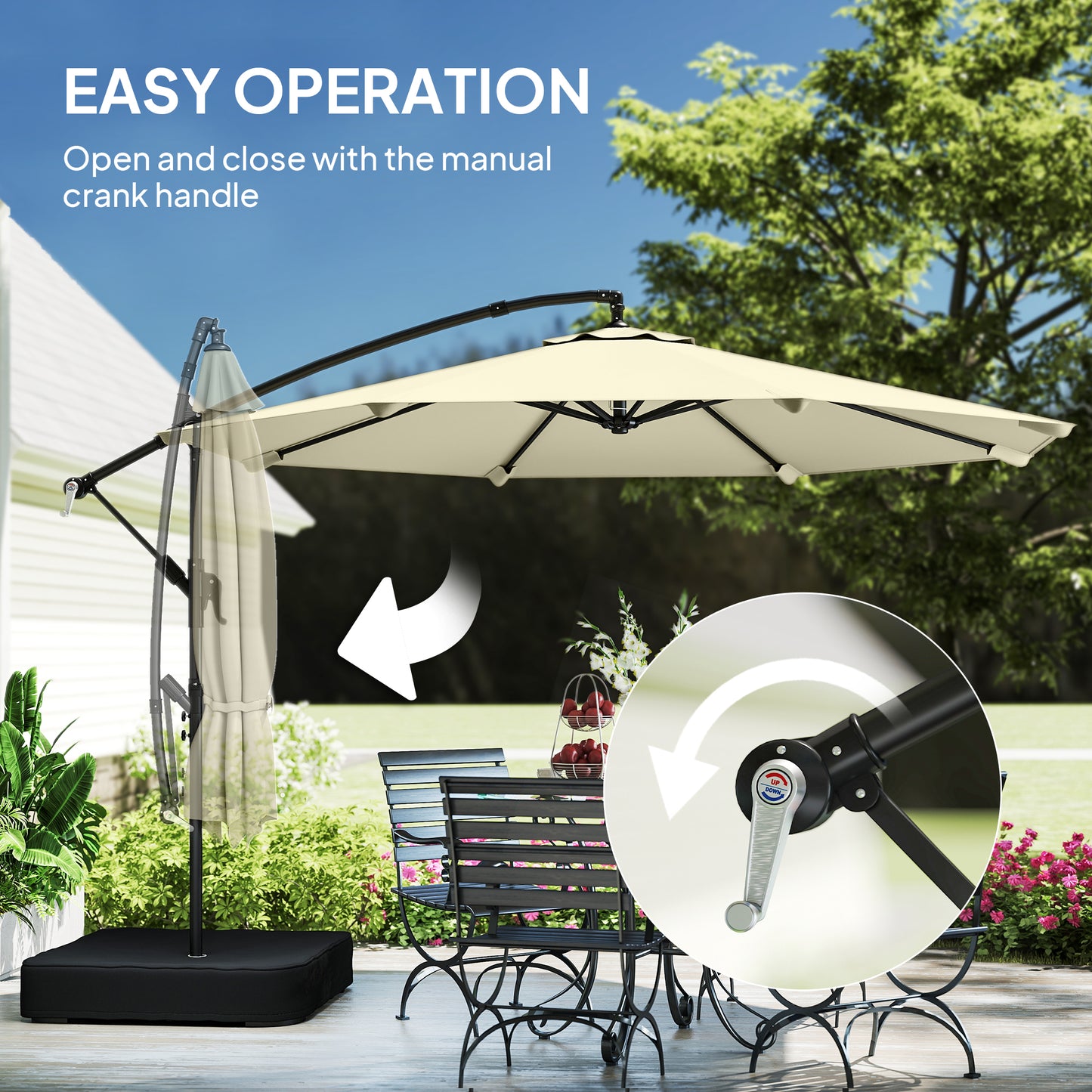 Outsunny 3 m Garden Cantilever Parasol with Cross Base, Sandbag, 360Â° Rotating Overhanging Banana Umbrella, Beige
