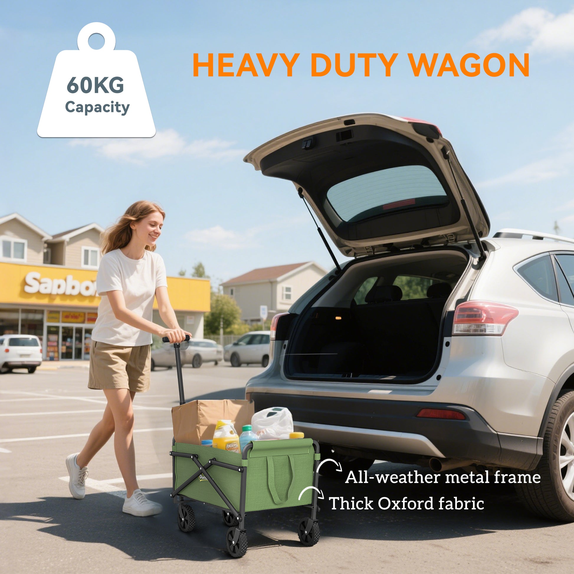 Outsunny 62L Festival Trolley on Wheels, Portable Small Folding Trolley Cart, 60kg Heavy Duty Collapsible Foldable Wagon with Adjustable Handle and Carrying Bag for Beach, Camping, Garden, Green