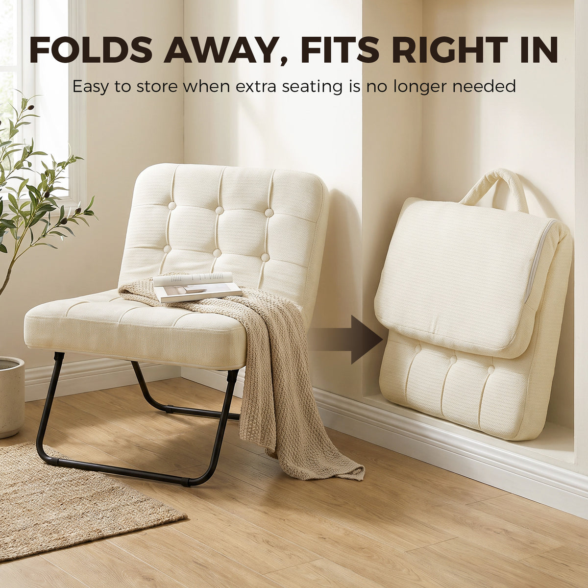 HOMCOM Modern Accent Chair, Foldable Chenille Upholstered Lounge Chair with Backrest, Wide Seat, Cream