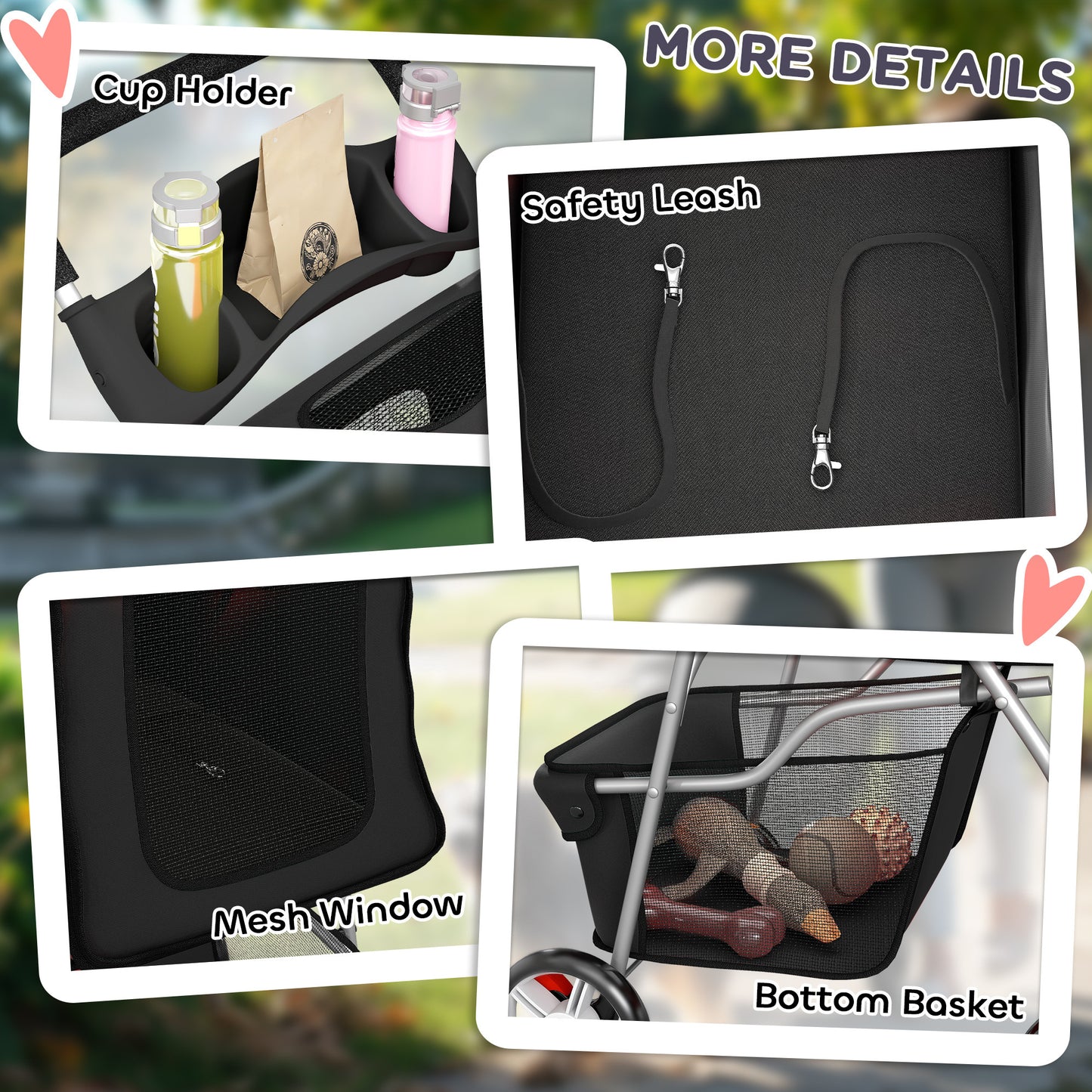 PawHut Dog Pram, Pet Stroller with Reflective Strips, Foldable Cat Stroller with 360Â° Swivel Wheels, Black