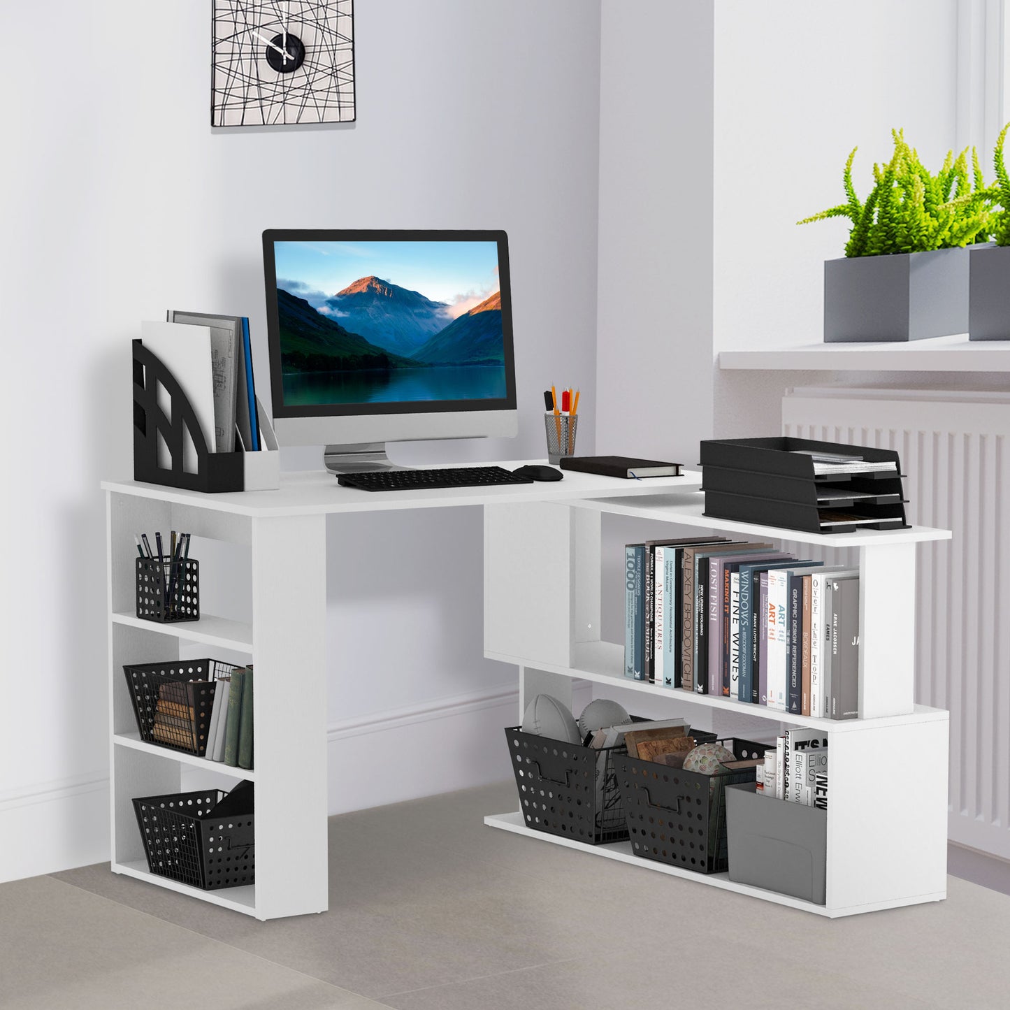 HOMCOM Corner Computer Desk, L Shaped Desk with 360Â° Rotating Bookshelf, 120L x 110W x 74.5H cm, White