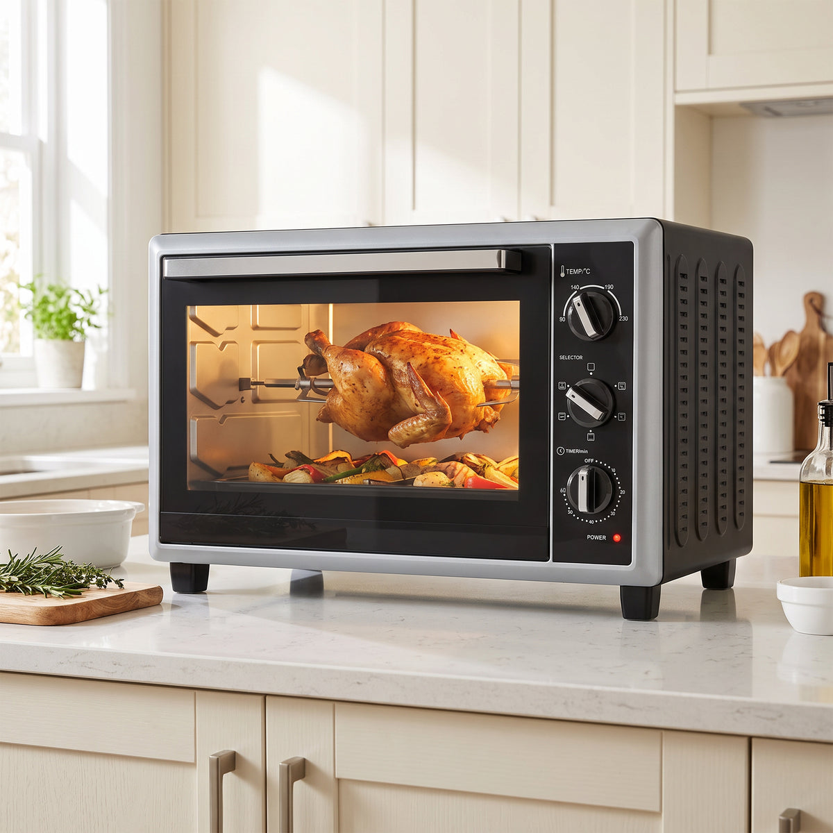 HOMCOM 36L Mini Oven with Convection, Electric Countertop Cooker with Rotisserie, 90â€“230Â°C Adjustable Temperature, 1500 W