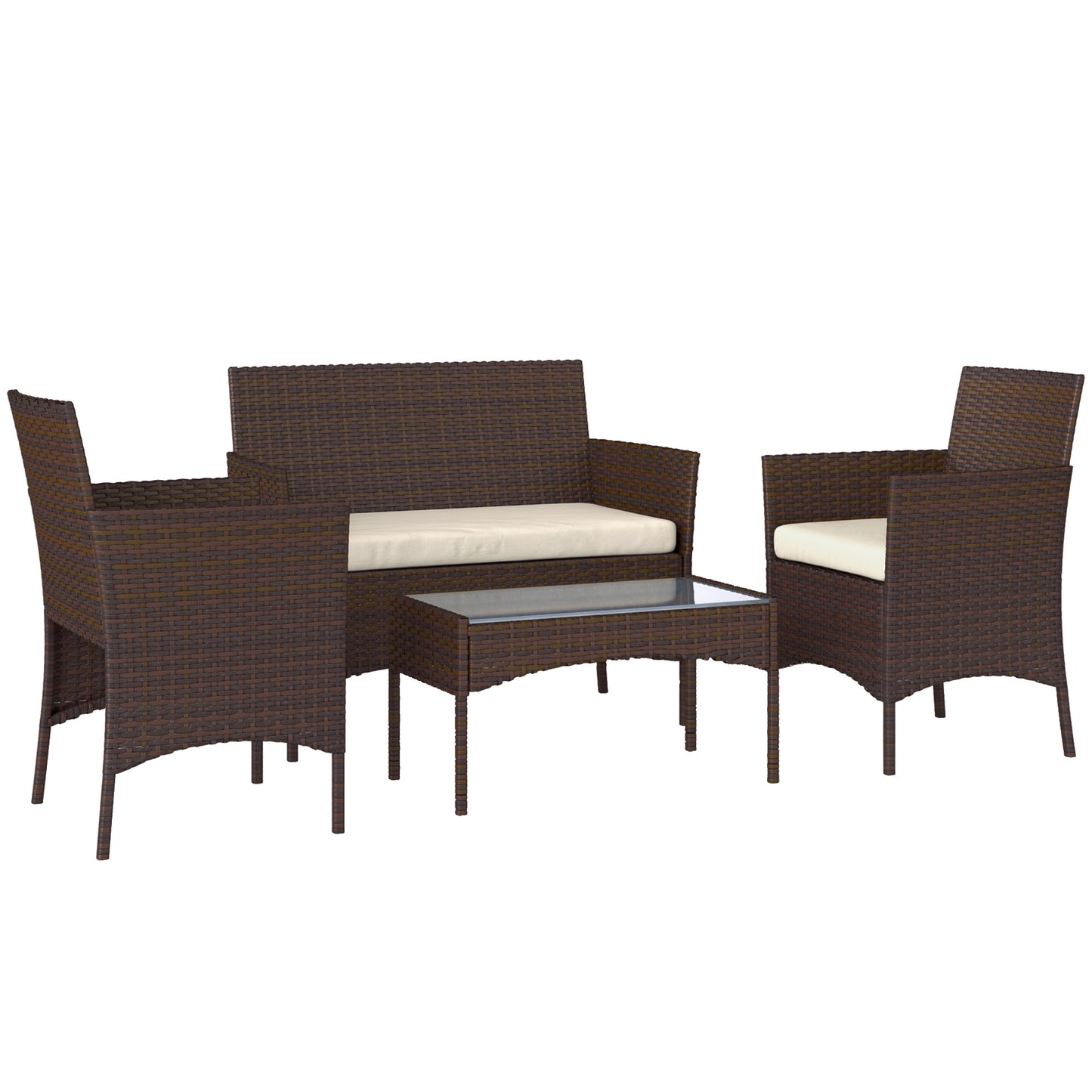 Outsunny 4 Piece Rattan Garden Furniture Sofa Set with Loveseat, Armchairs, Glass-Top Coffee Table and Cushions, Brown Default Title