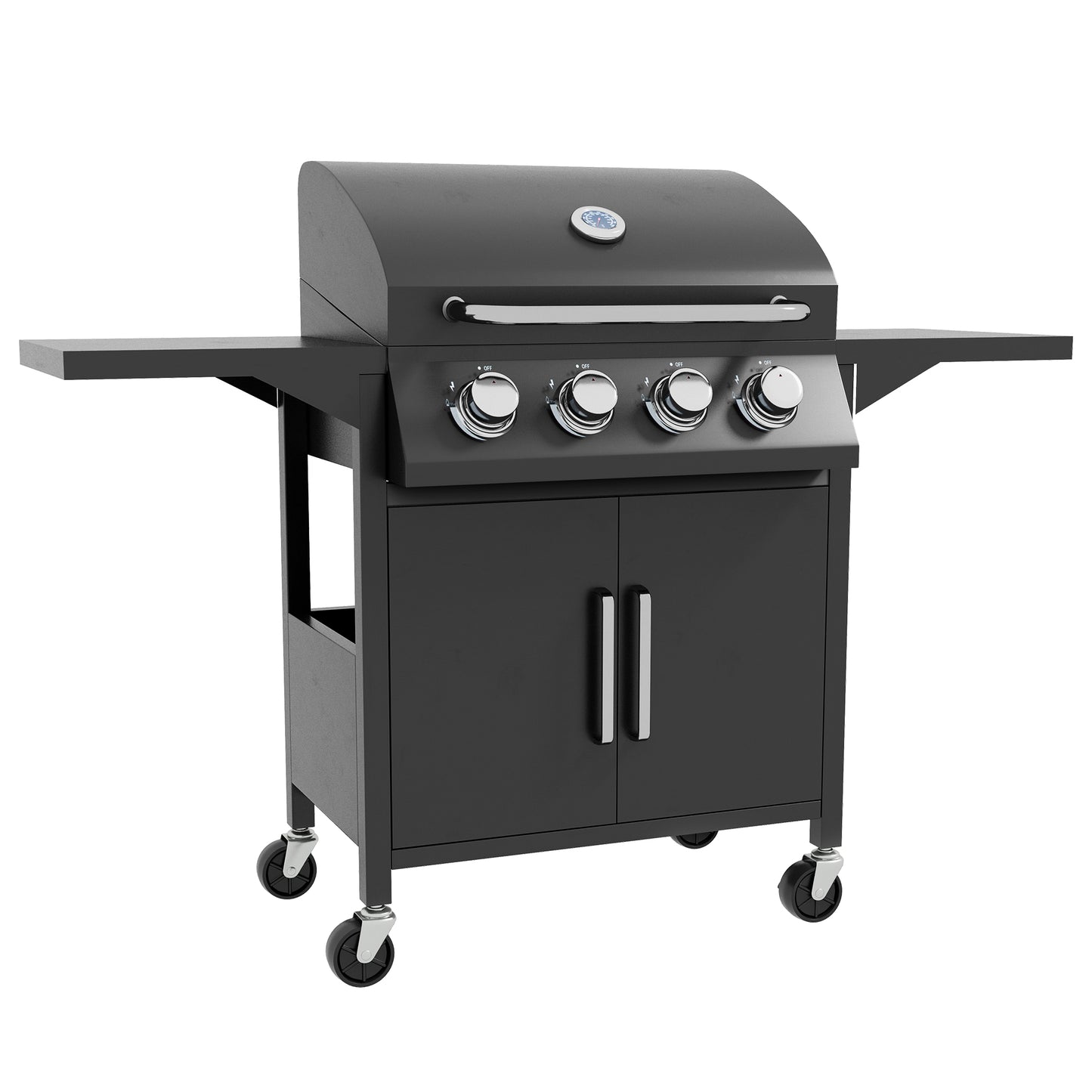 Outsunny 4 Burner Gas BBQ Grill Outdoor 11.6 kW Portable Barbecue Trolley w/ Warming Rack, Side Shelves, Cabinet
