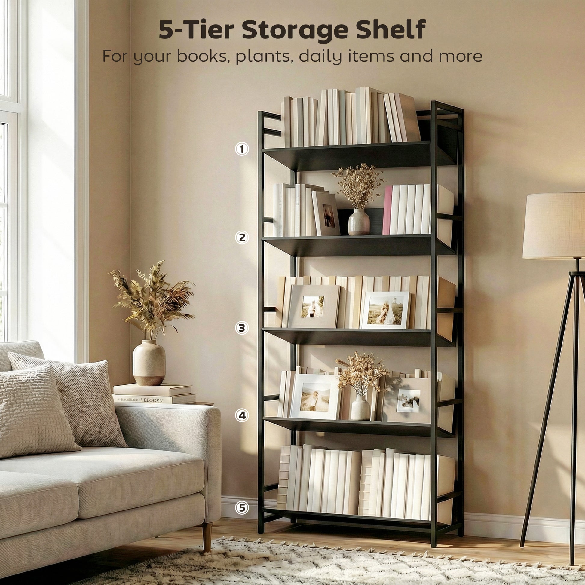 HOMCOM Bookshelf 5-Tier Metal Frame Bookcase Storage Shelves for Living Room Black
