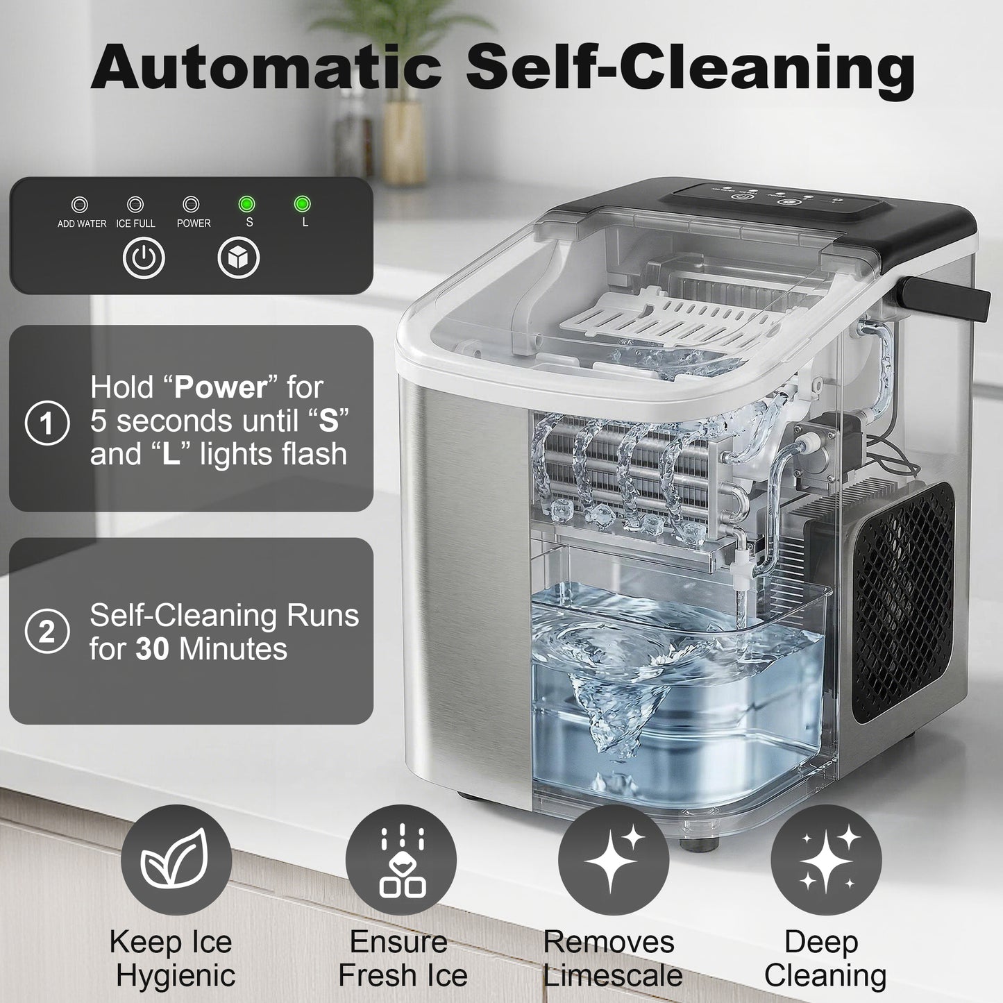 HOMCOM Ice Maker Machine Countertop, 9 Cubes Ready in 7 Mins, 12 KG in 24Hrs, 2 Sizes of Bullet, Self-Cleaning Ice Machine with Handle, Scoop & Basket for Home Kitchen Office RV, Stainless Steel