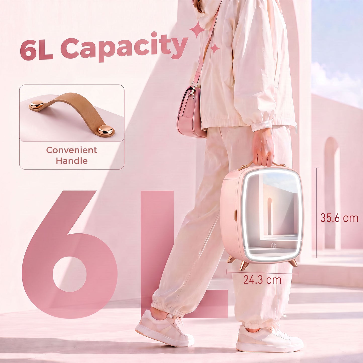HOMCOM Skincare Refrigerator, 6L Mini Cosmetic Fridge with LED Mirror, Cooling Function for Bedroom, Skincare, Office, Pink