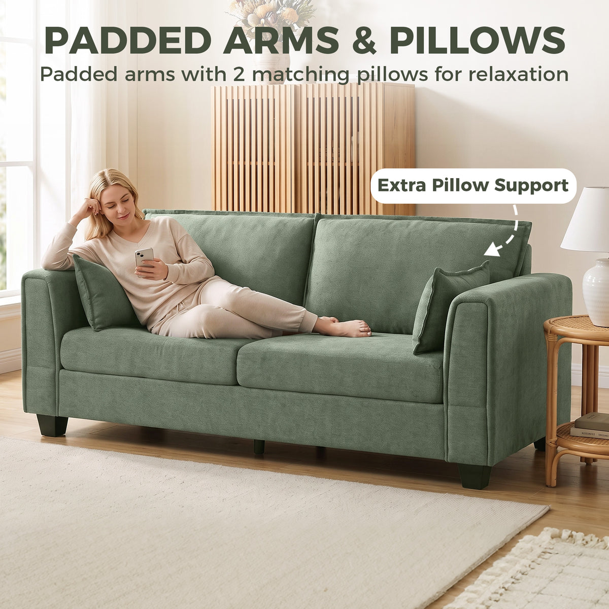 HOMCOM 3 Seater Sofa, Linen Upholstered Sofa Couch with Spring Cushions, Thick Padding, Wide Padded Armrests, Green