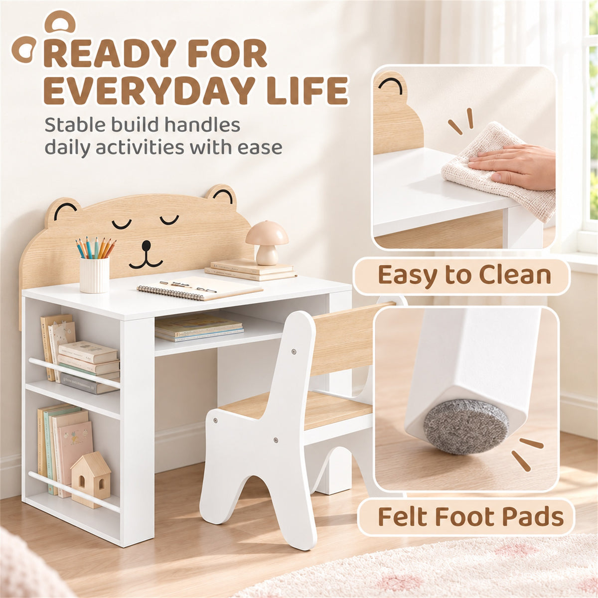AIYAPLAY Kids Table and Chair Set with Side Bookshelves, Open Storage, Non-Slip Pads for 3-8 Y, Bedroom, Study Room, Bear-Themed