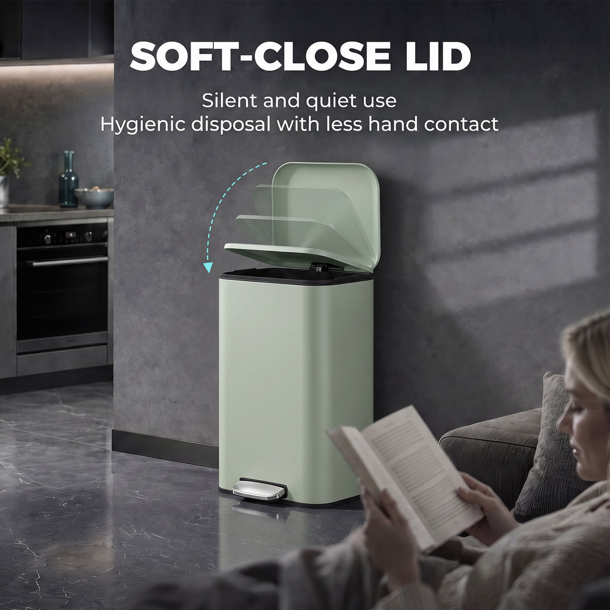 HOMCOM 50 L Kitchen Pedal Bin, Metal Rubbish Bin with Removable Inner Bucket, Soft-Close & Stay-Open Lid, Light Green