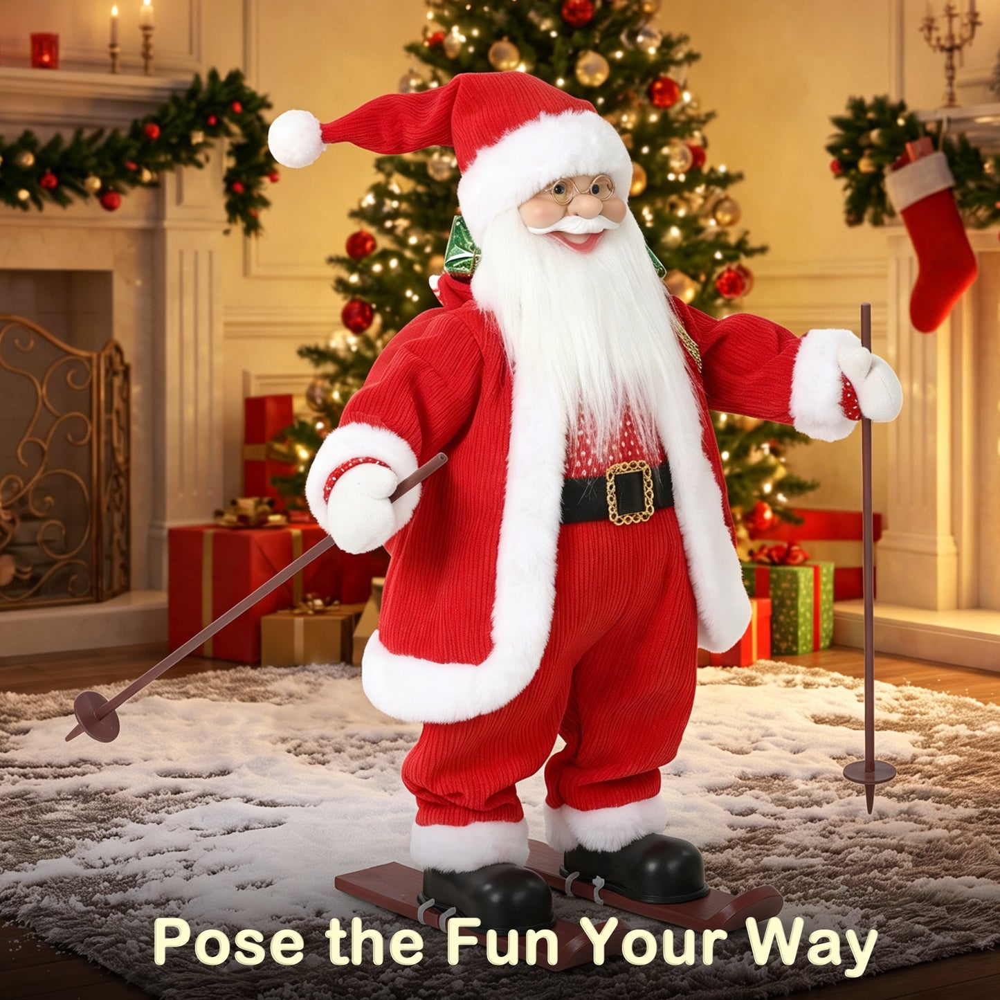 HOMCOM 2ft Singing Skiing Santa Claus, Standing Christmas Animated Santa Figure with Ski Board, Sack, Sound/Touch Activated