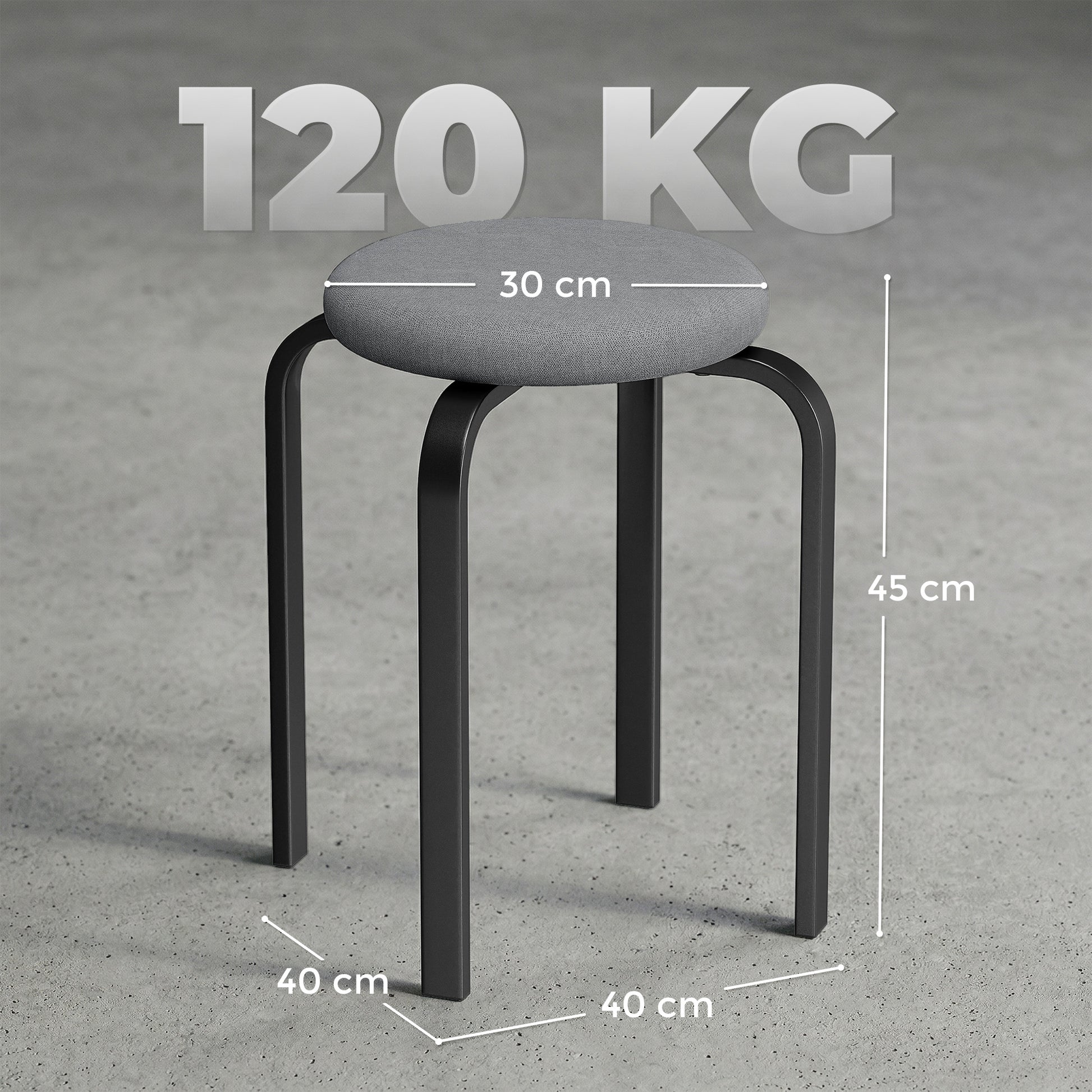 HOMCOM Stackable Stools Modern Cushioned Round Backless Stools Set of 4 Kitchen Dining Room Dark Grey