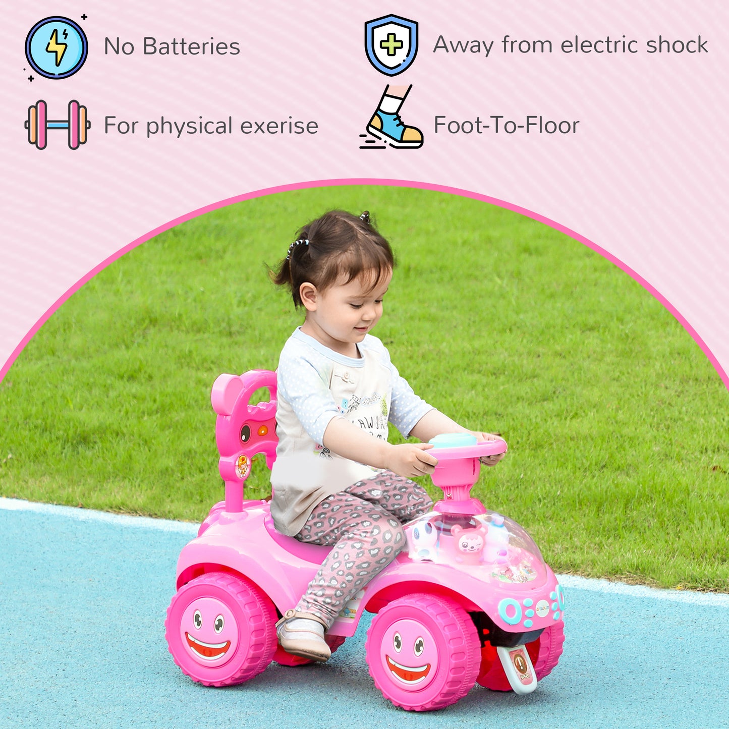 AIYAPLAY Foot to Floor toddler Ride on Toy w/ Music, Light, Horn, Under Seat Storage, Anti-Over-Backwards Device, Pink
