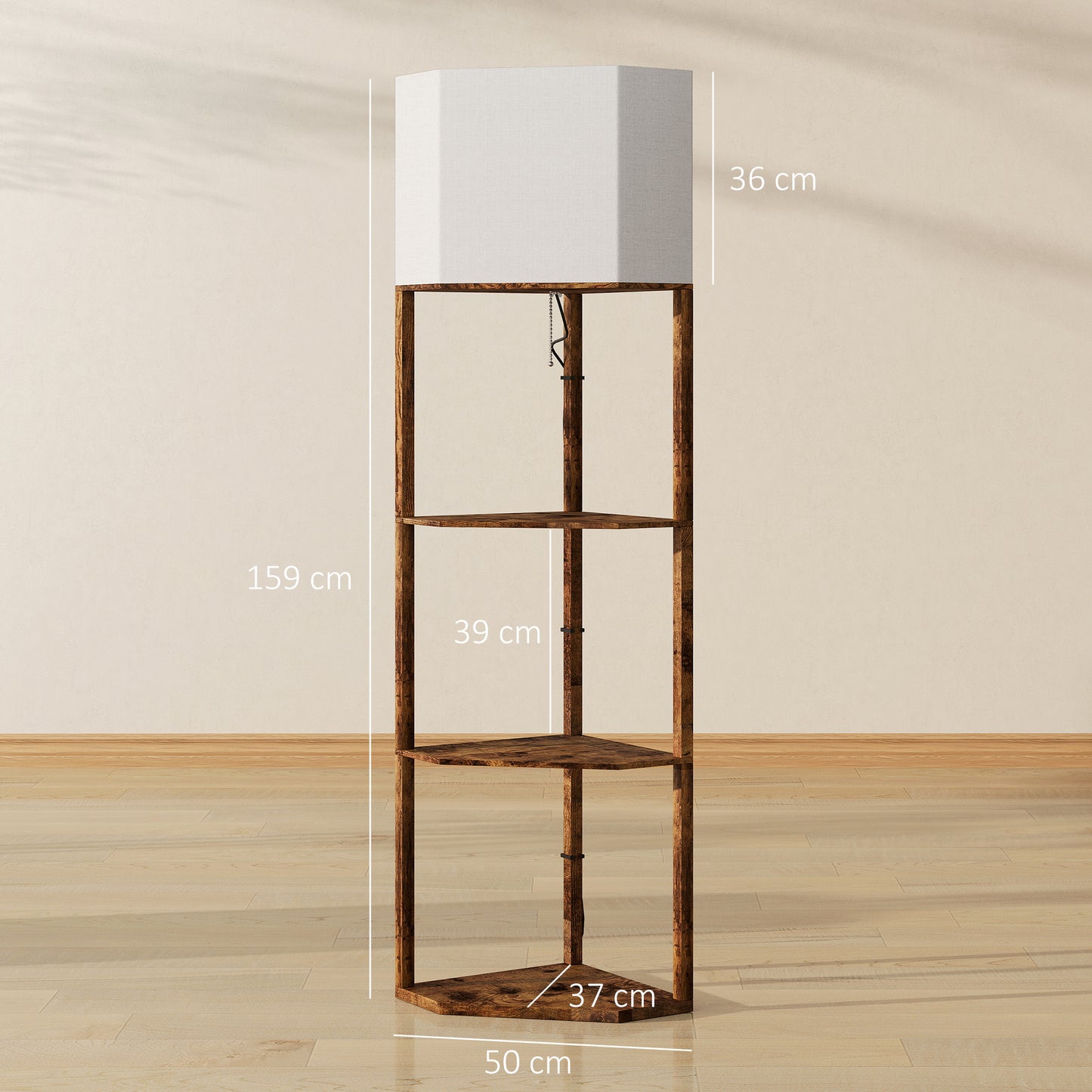 HOMCOM Corner Floor Light, with Shelves - Wood-Effect
