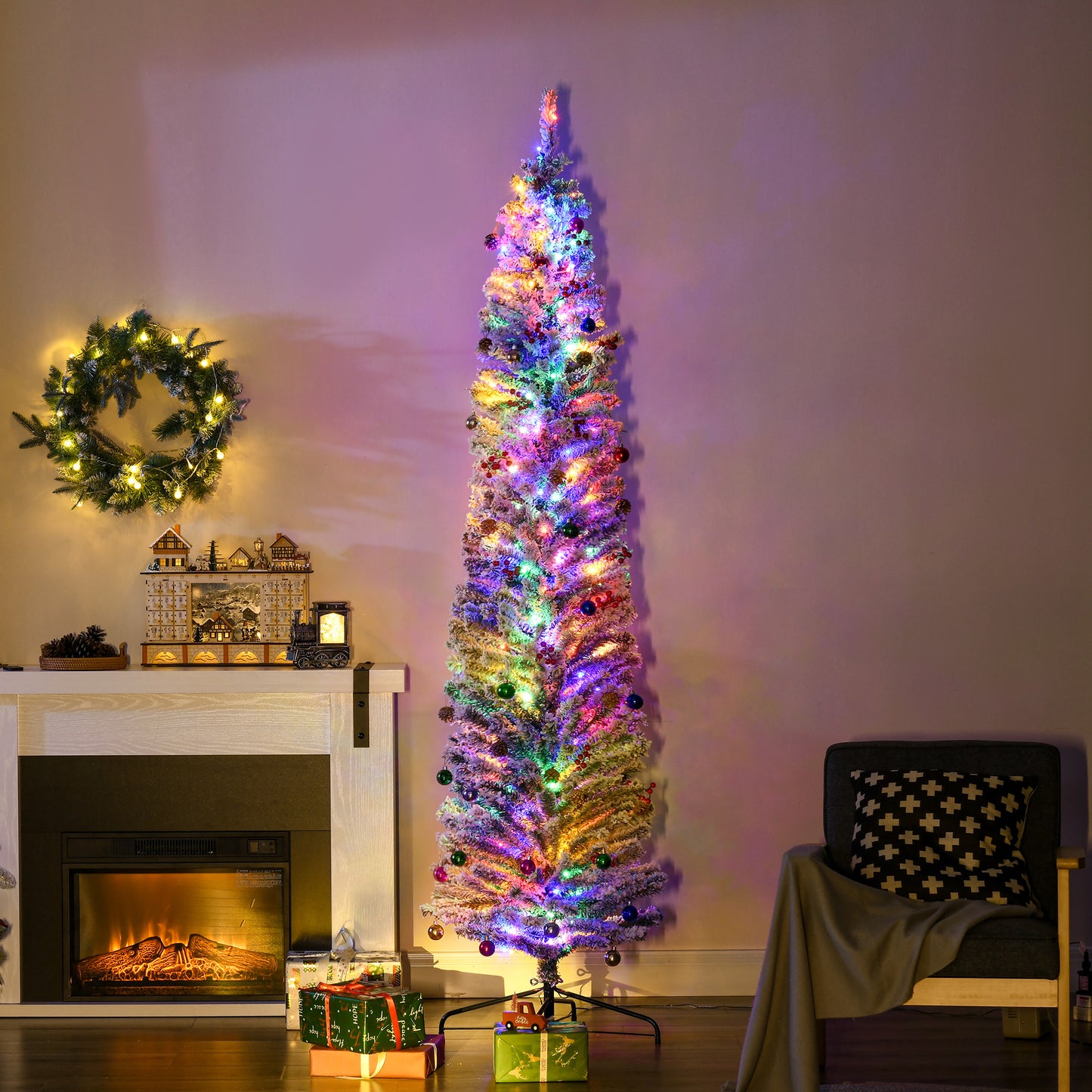 HOMCOM 7.5' Artificial Prelit Christmas Trees Holiday DÃ©cor with Colourful LED Lights, Flocked Tips, Berry, Pine Cone