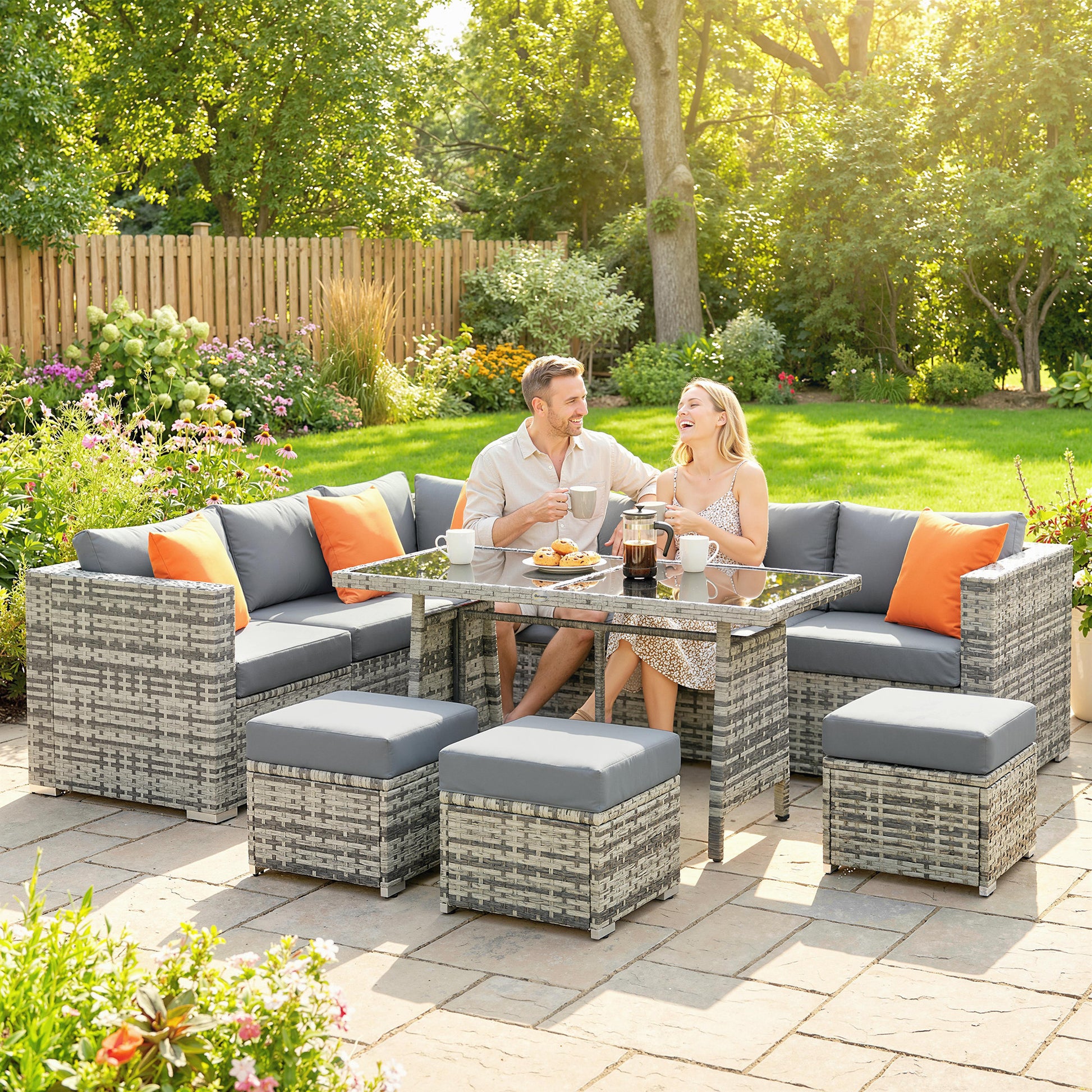 Outsunny 10 Piece Rattan Garden Furniture Set, 3 Corner Sofas with 3 Chairs, 3 Stools and Coffee Table, Outdoor Patio Furniture