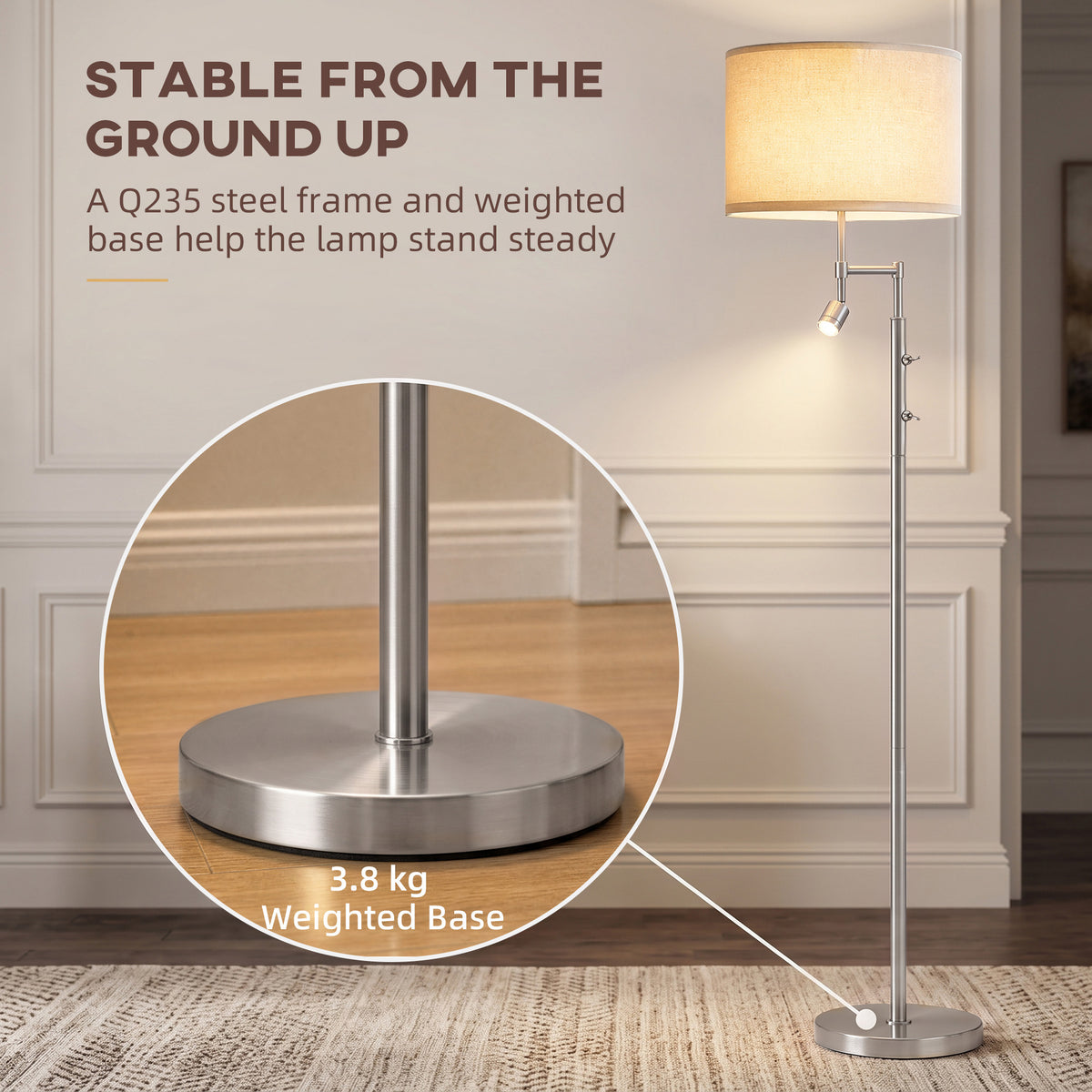 HOMCOM Modern Floor Lamp with Built-In Reading Light, Standing Lamp with Independent Switch, Satin Nickel