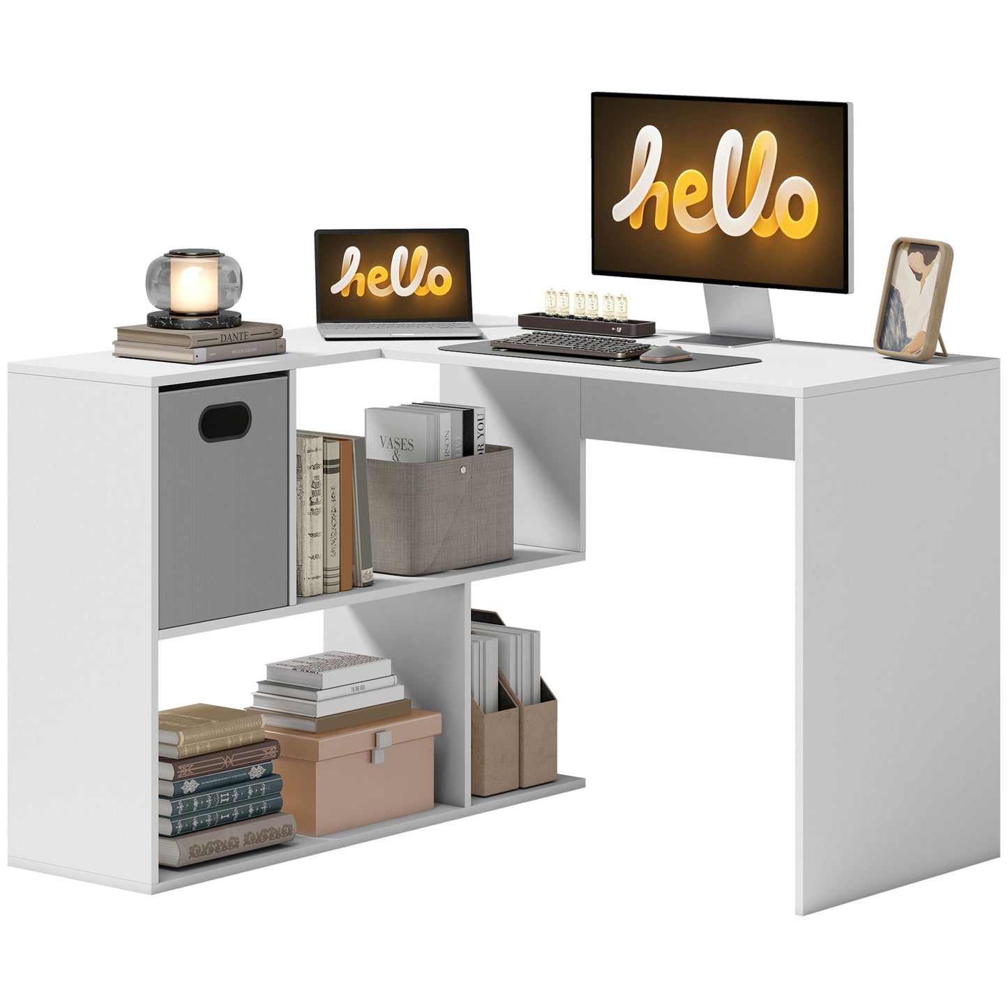 HOMCOM Corner Desk, Computer Desk with Fabric Drawer and Open Compartments, 110 x 100 x 75 cm, White