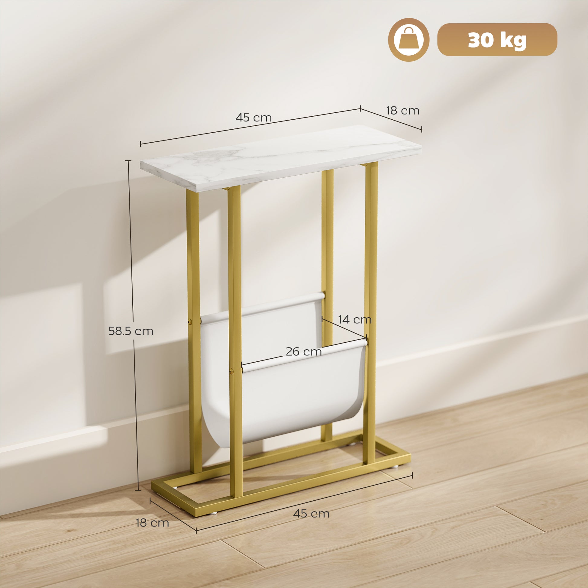 HOMCOM Narrow Side Table, End Table with Magazine Holder, Nightstand for Small Spaces, Living Room, Bedroom, White Marble Grain
