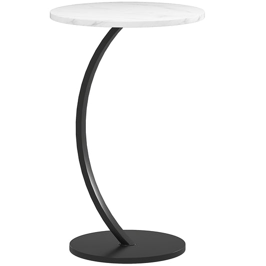 HOMCOM C Shaped Side Table, Round Bedside Table with Marble Effect Top, Modern Coffee Table Sofa End Table with Metal Frame for Living Room Bedroom Office, White