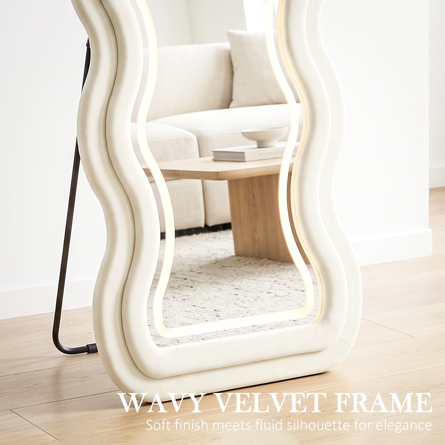 HOMCOM Full Length Mirror, 160 x 60 cm Wavy Full Body Wall Standing Mirror with Velvet Frame and Tempered Glass, Cream White
