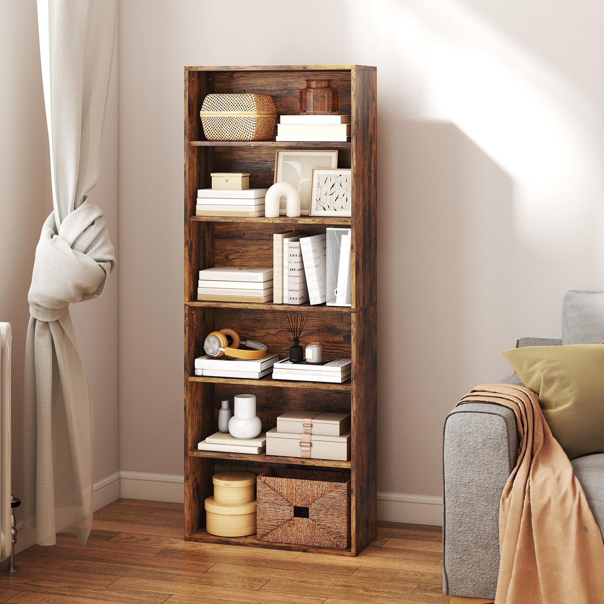 HOMCOM Six Shelf Bookcase - Rustic Brown