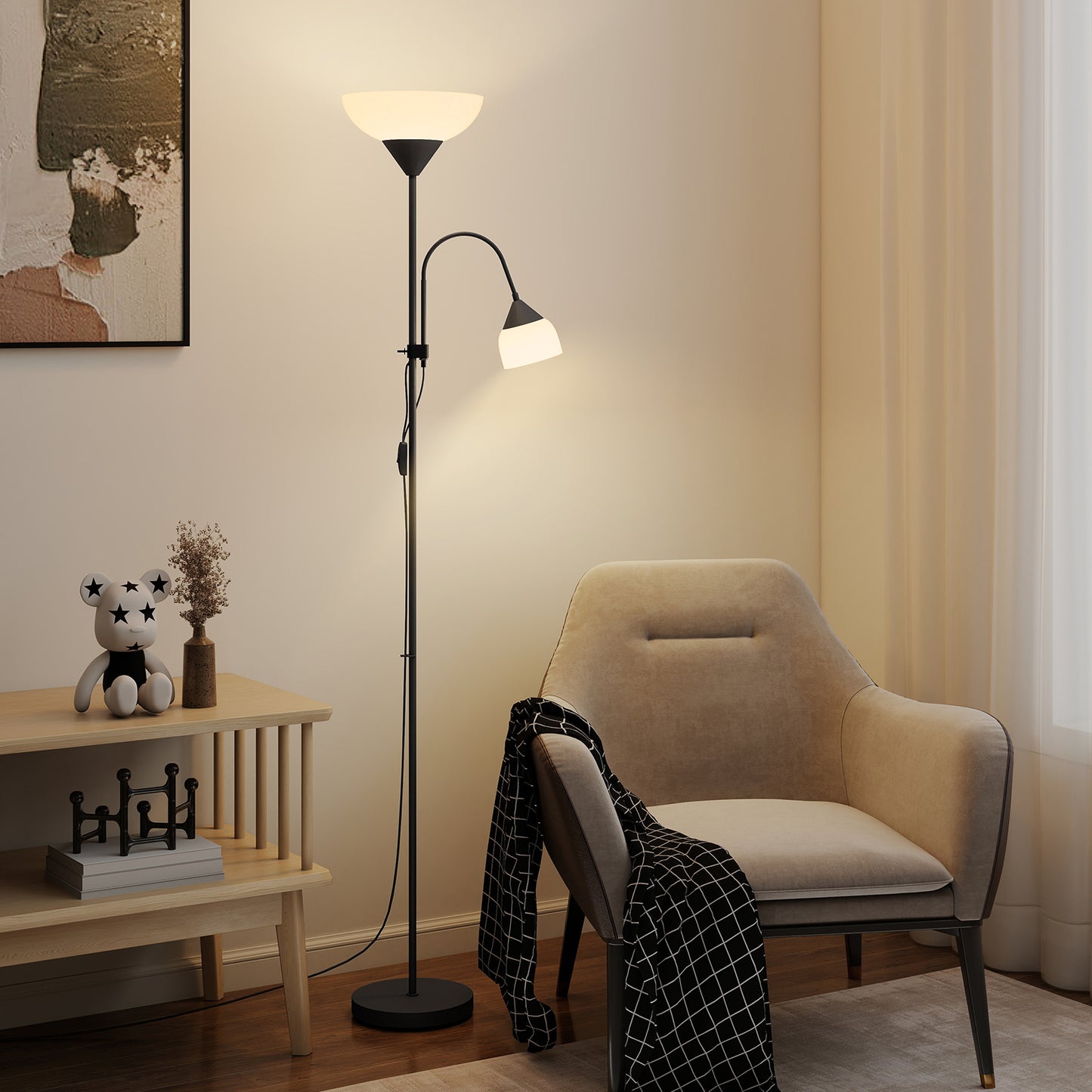 HOMCOM LED Floor Lamp for Living Room, 180cm Tall Standing Lamp, Mother and Child Uplighter with Adjustable Gooseneck, Black