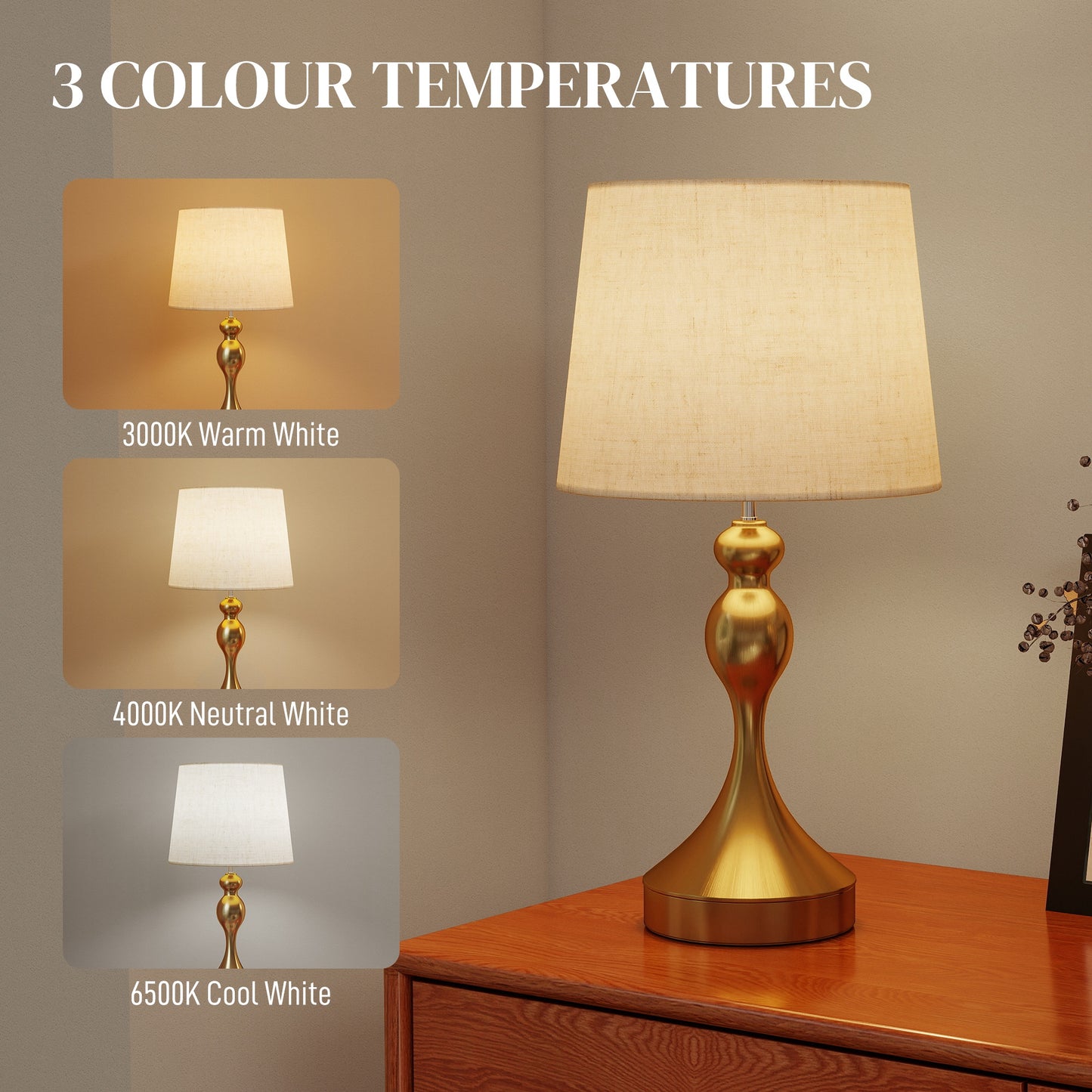 HOMCOM Bedside Lamps Set of 2, Modern Table Lamps with 3 Colour Temperatures, USB A+C Charging Ports and Linen Shade for Living Room Bedroom Office, Gold Tone