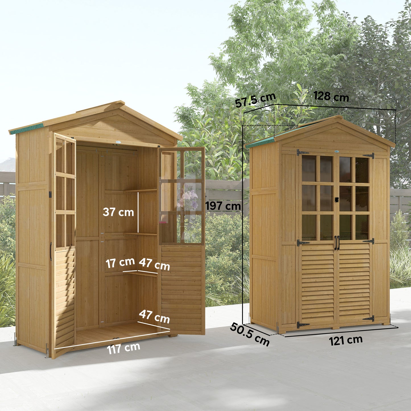 Outsunny Outdoor Wooden Storage Cabinet, Garden Tool Shed with Acrylic Windows for Patio, Light Brown