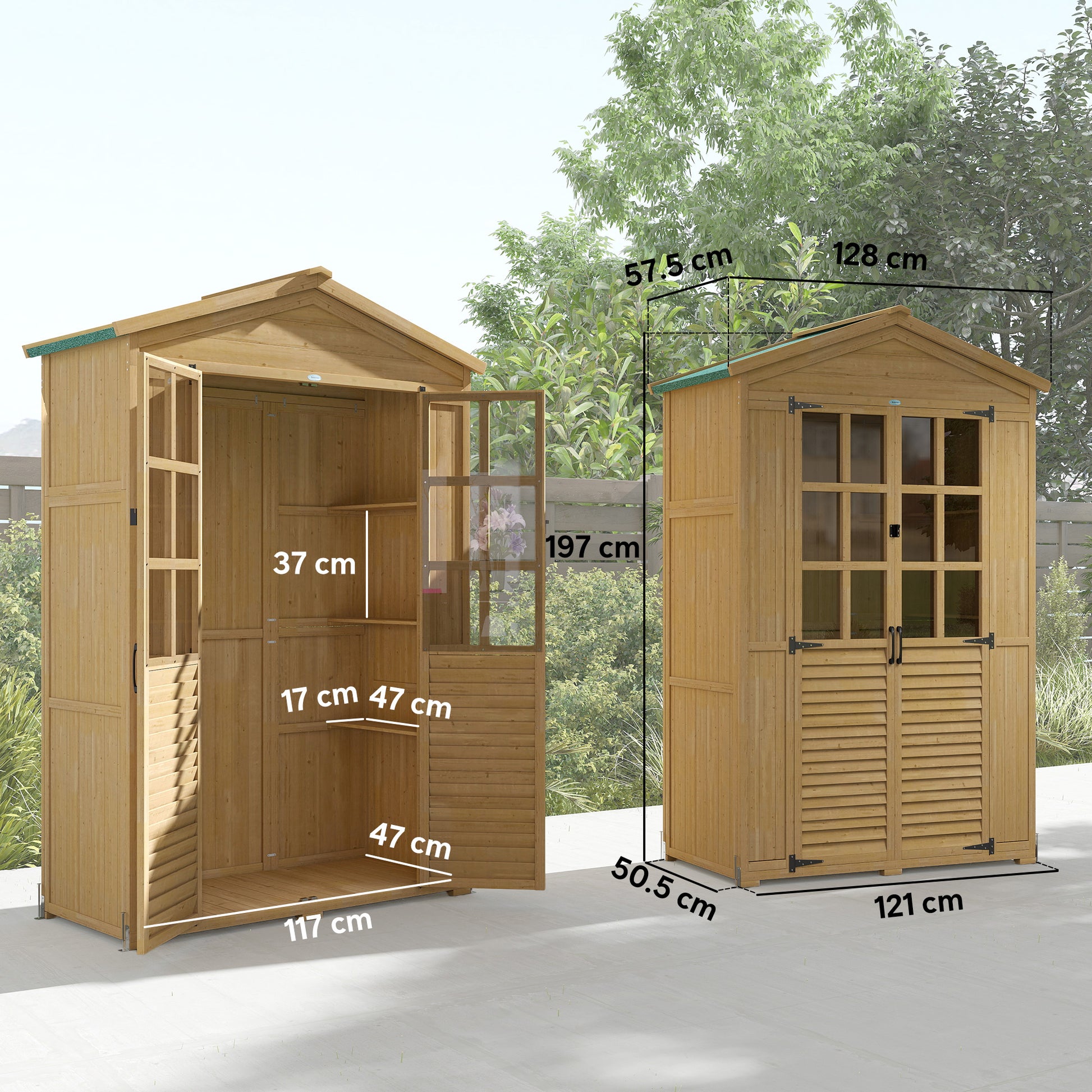 Outsunny Outdoor Wooden Storage Cabinet, Garden Tool Shed with Acrylic Windows for Patio, Light Brown