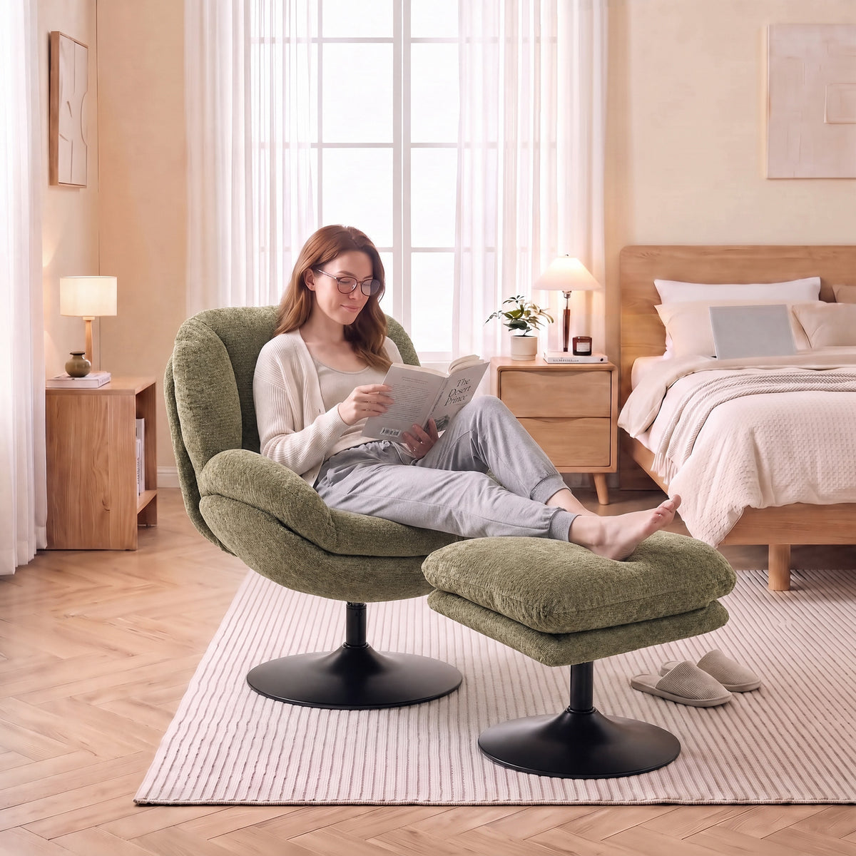 HOMCOM Modern Chenille Lazy Chair with Ottoman, 360Â° Swivel, Upholstered Reading Seat Set for Living Room, Dark Green
