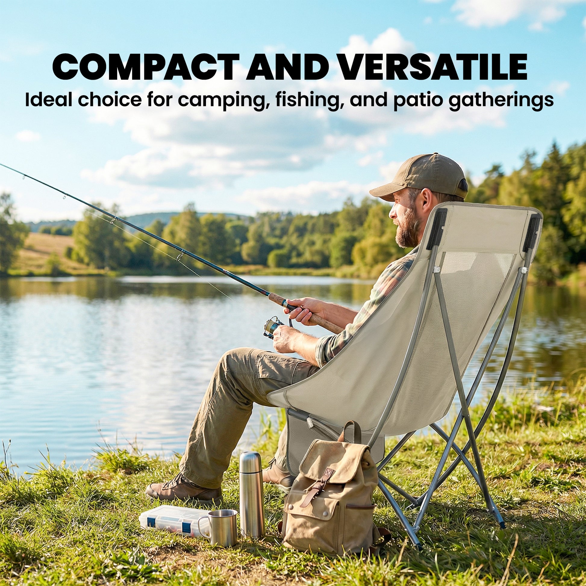 Outsunny Camping Chair for Adults Heavy Duty Folding Camp Chair with Side Pocket and Carry Bag Khaki