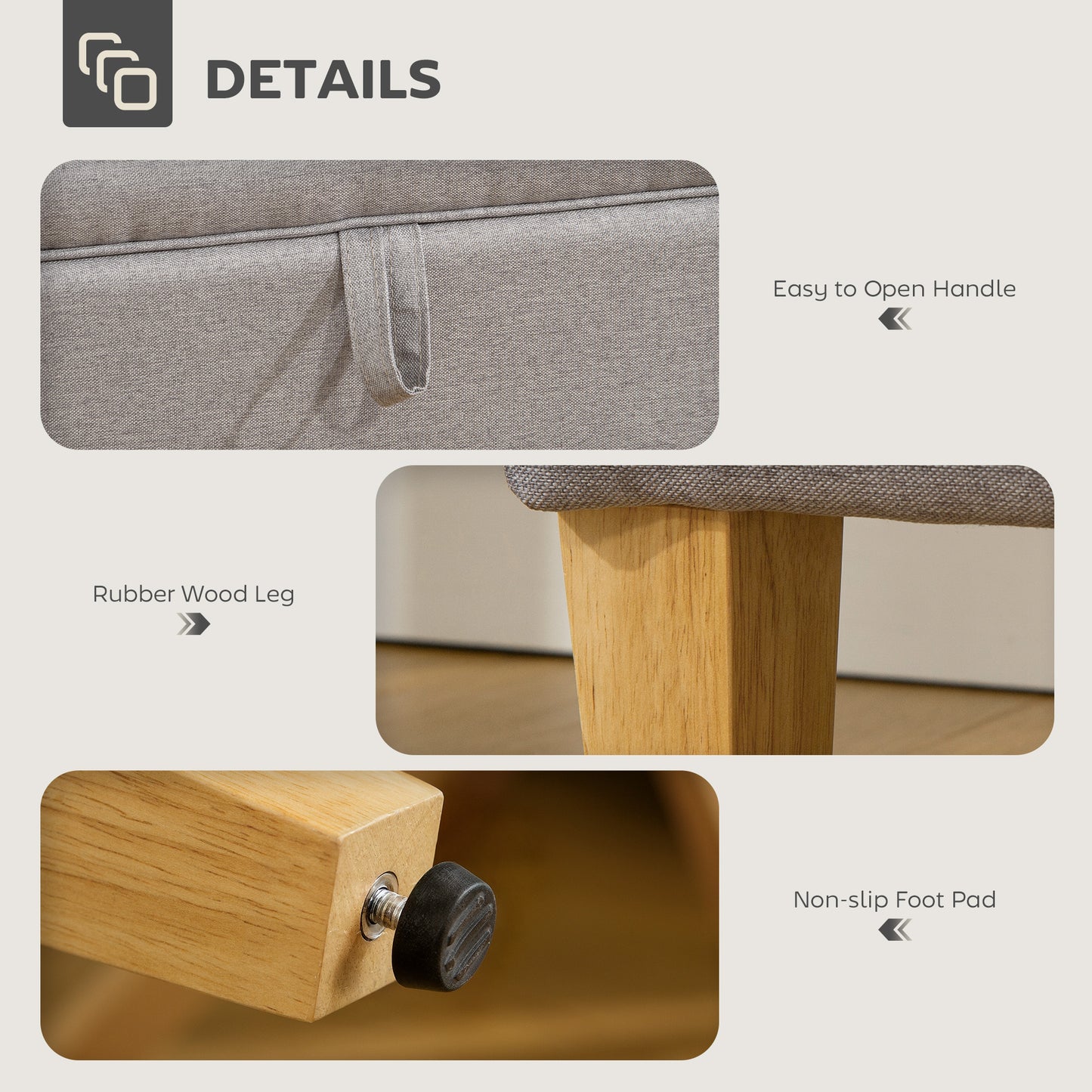 HOMCOM 30L Linen Storage Ottoman Padded Footstool with Rubberwood Legs for Storage Box, Bed End, Shoe Bench, Seating, Light Grey