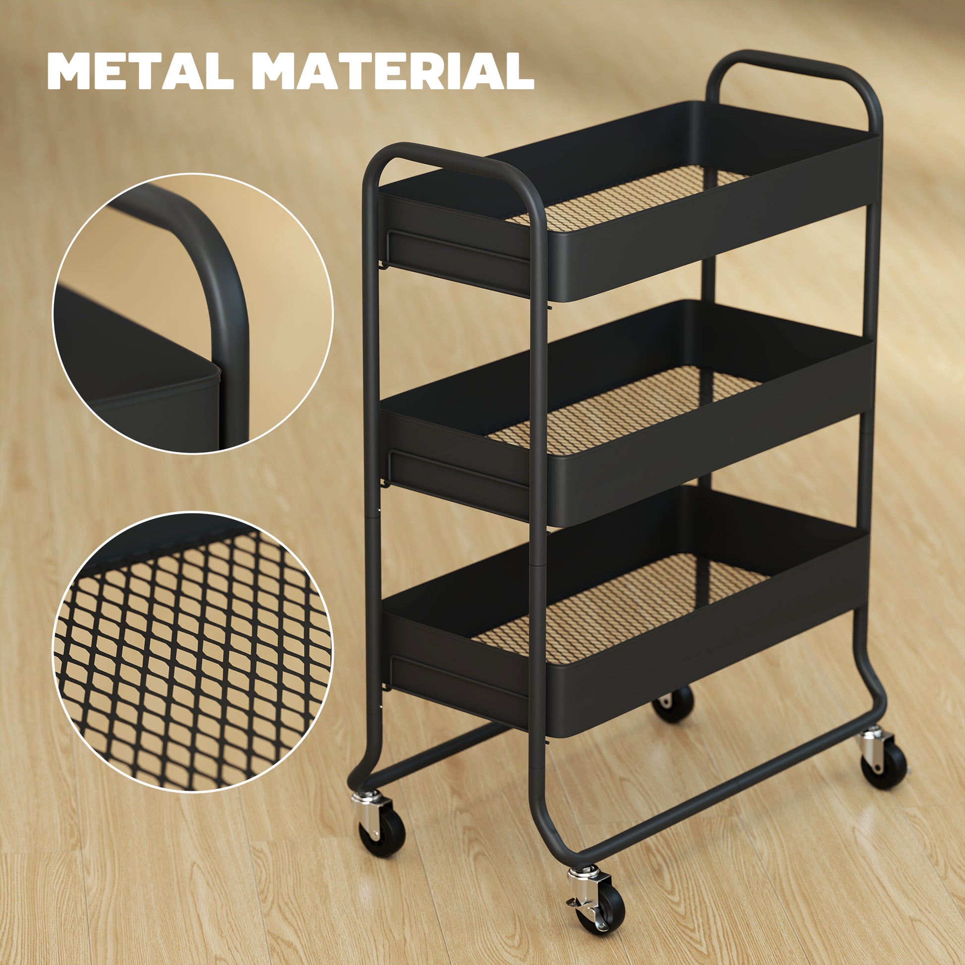 HOMCOM 3-Tier Storage Trolley on Wheels, Rolling Utility Cart with Mesh Backets for Kitchen, Bathroom, Bedroom, Black