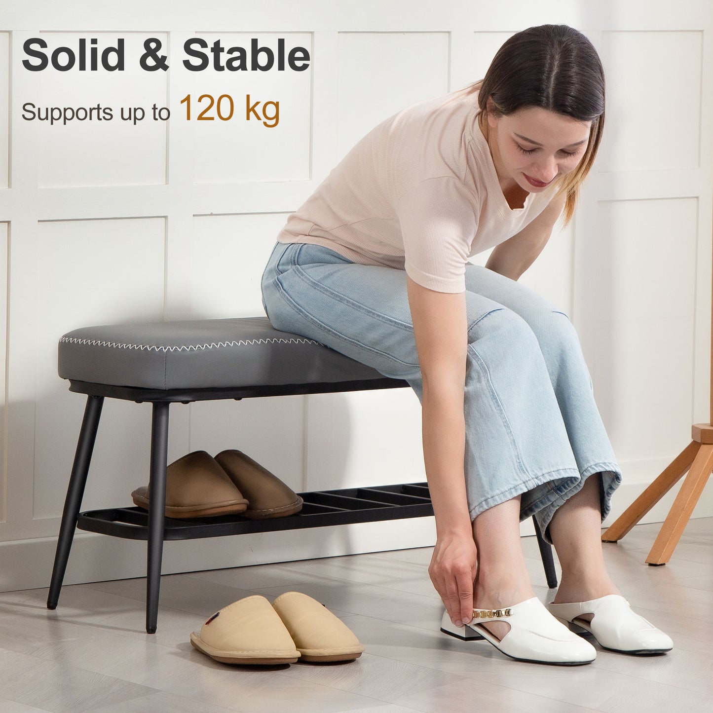 HOMCOM PU Leather Shoe Storage Bench - Grey