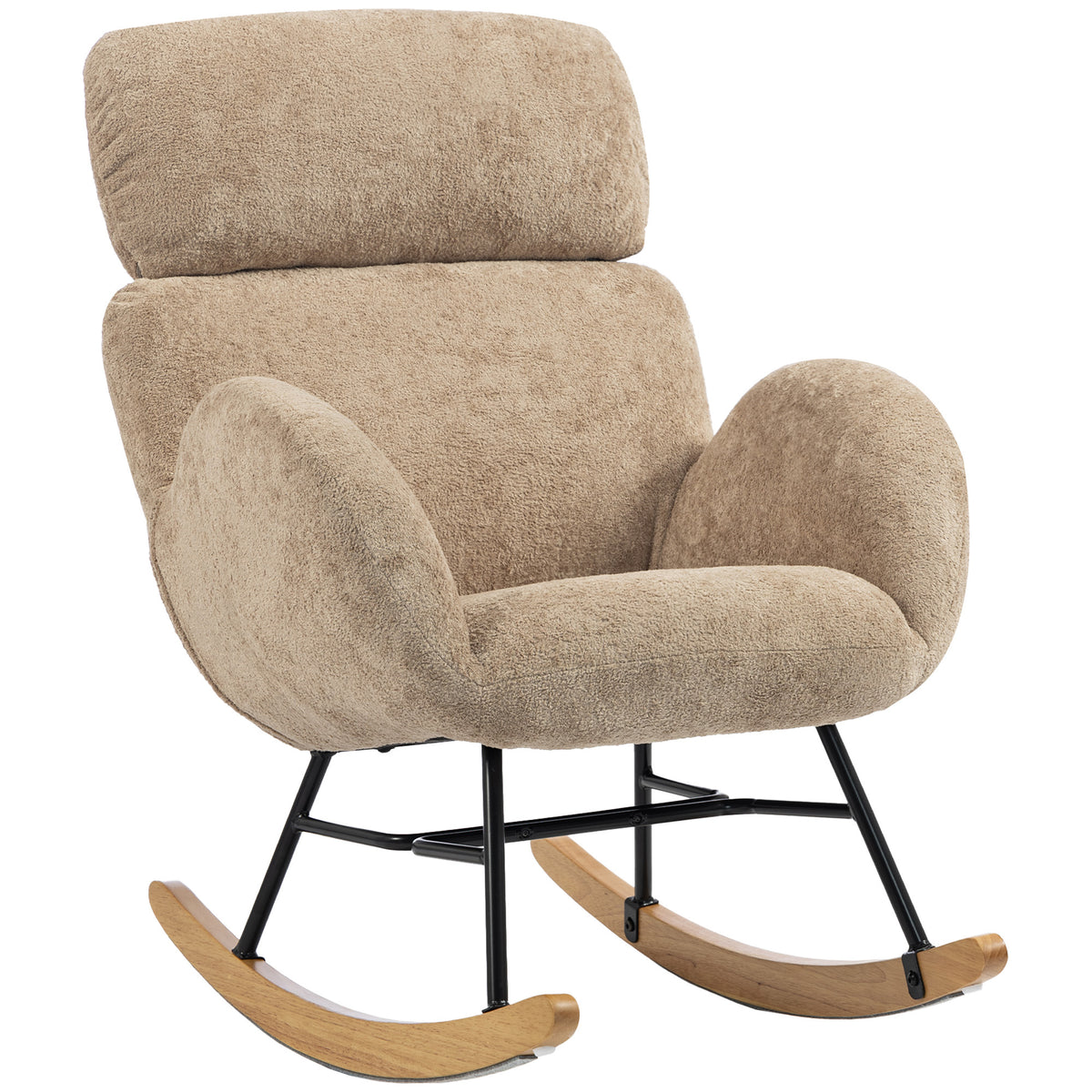 HOMCOM Upholstered Rocking Chair Adjustable Headrest Rocker Chair Raindrop Velvet Rubberwood Base Light Brown