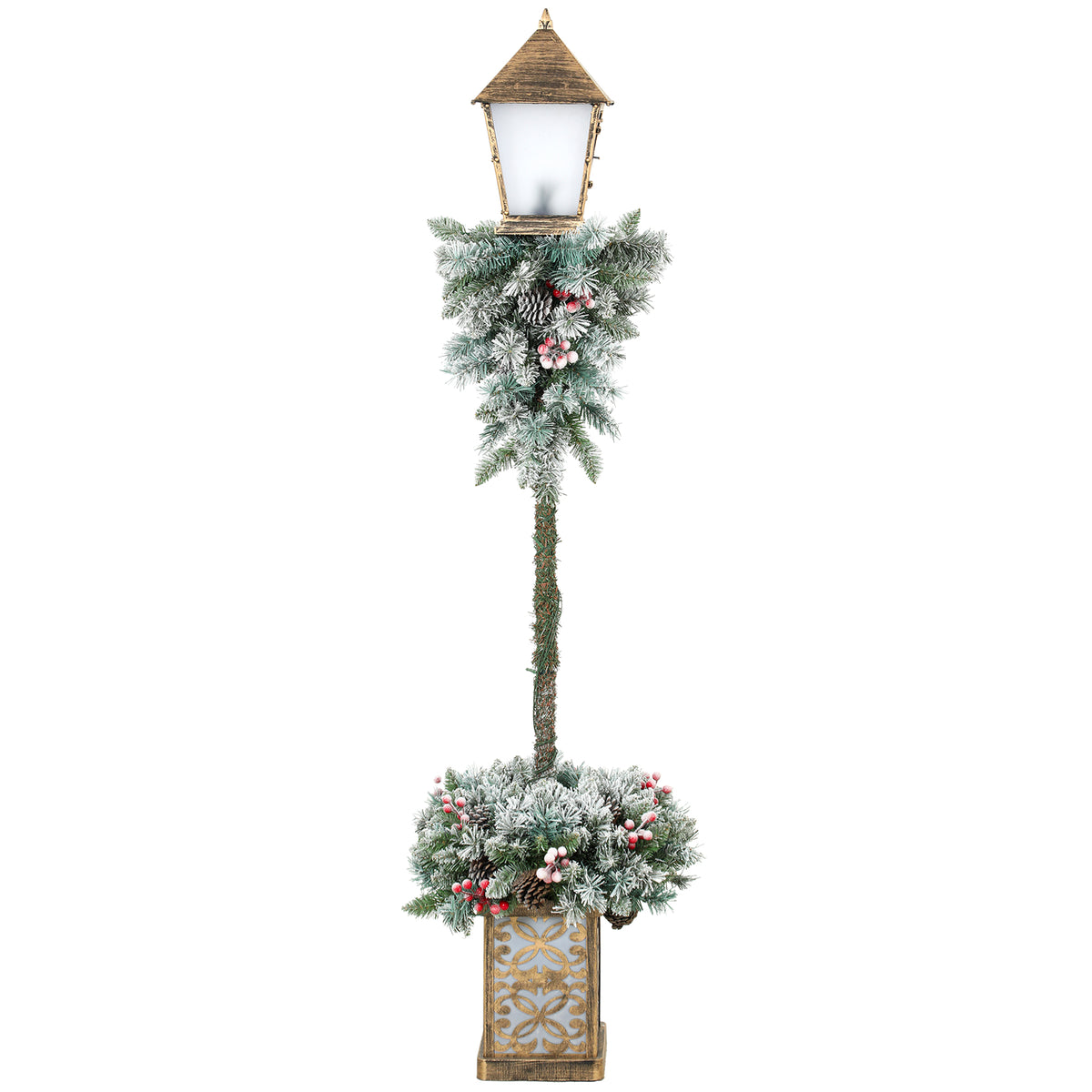 Outsunny Christmas Street Lamp, Outdoor Lighted Christmas Lamp Post with LED Lights, Snow Flocked Tips, Red Berries, Pine Cones