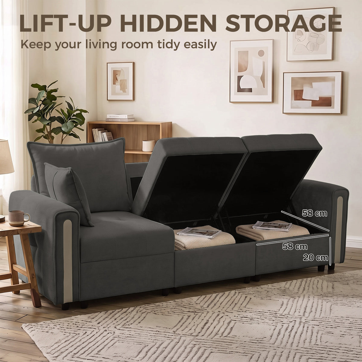 HOMCOM 3 Seater Sofa with Lift-Up Storage, 228cm Comfy Velvet Couch with Wide Deep Seat, Dark Grey